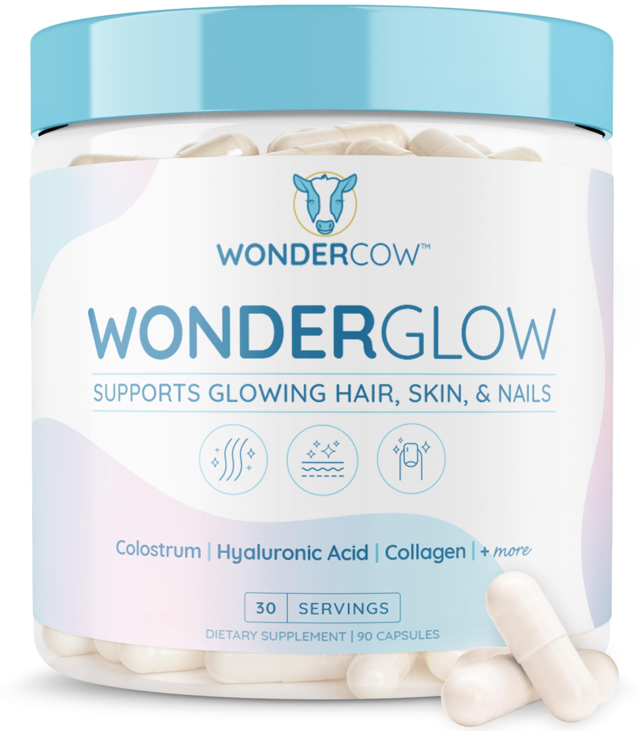 WONDERCOW WonderGlow Hair, Skin & Nails Vitamins | Bovine Colostrum, Collagen & Biotin