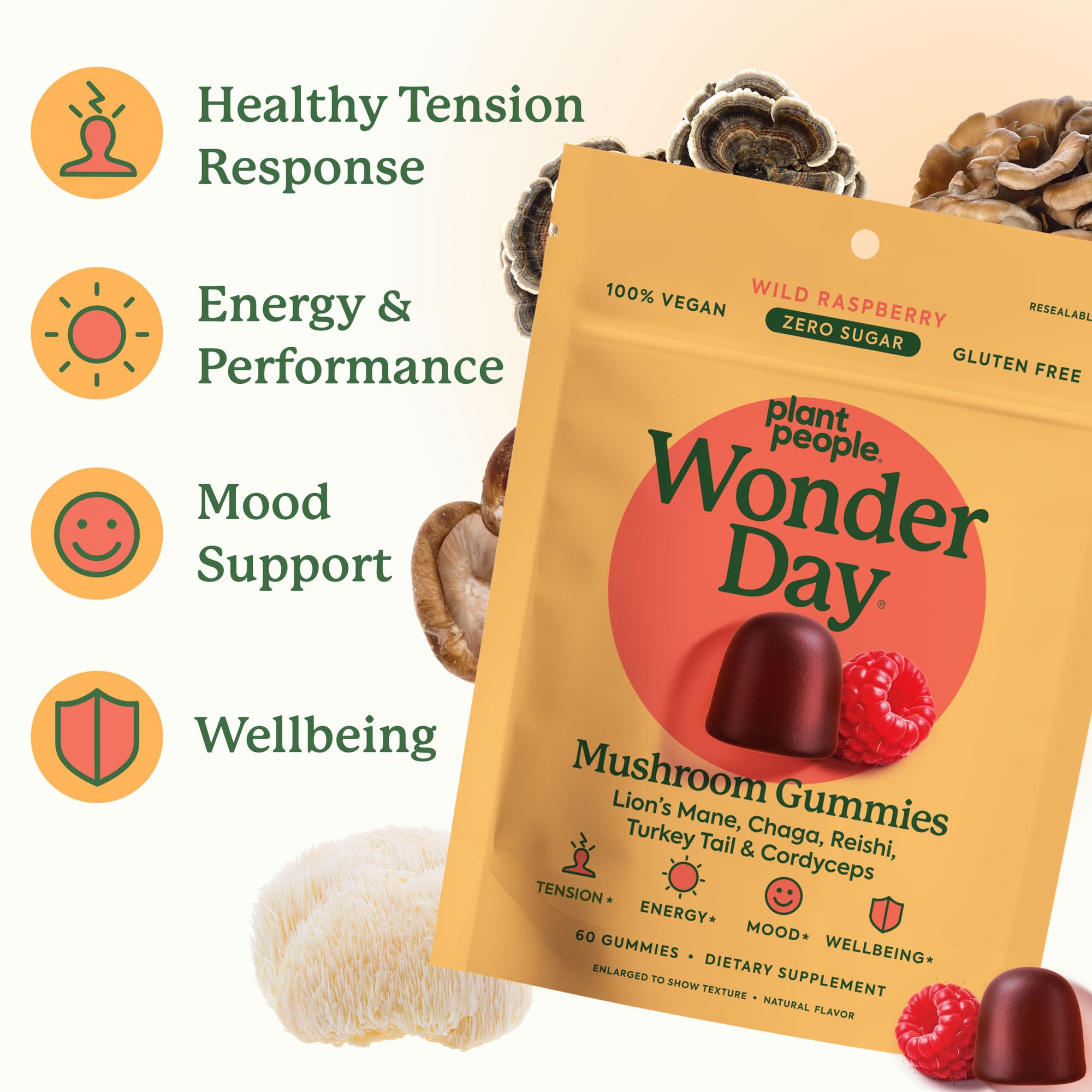 Plant People WonderDay Mushroom Gummies – Lion’s Mane, Cordyceps & Chaga for Immune Support, De-Stress, Mood & Energy (60 Count) | Vegan, Non-GMO