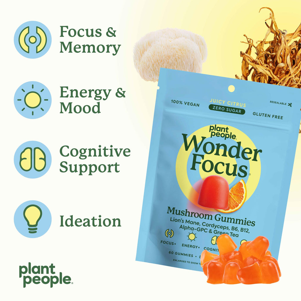 WonderFocus Mushroom Gummies with Lion’s Mane & Cordyceps – Nootropic Brain Support (Vegan, Sugar-Free, Citrus) 60 Count