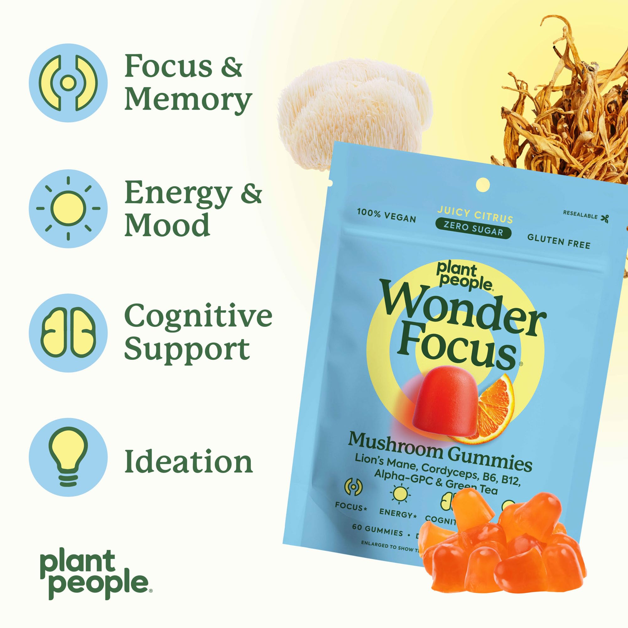 WonderFocus Mushroom Gummies with Lion’s Mane & Cordyceps – Nootropic Brain Support (Vegan, Sugar-Free, Citrus) 60 Count