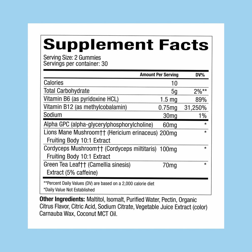WonderFocus Mushroom Gummies with Lion’s Mane & Cordyceps – Nootropic Brain Support (Vegan, Sugar-Free, Citrus) 60 Count
