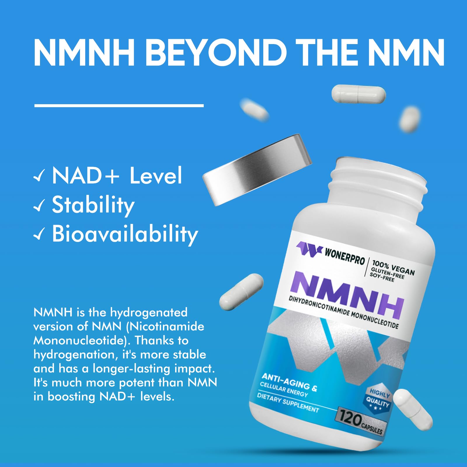 WONERPRO NMNH - 1000mg NMNH NAD+ Booster Supplement | 120 Capsules for Anti-Aging, Energy & Focus