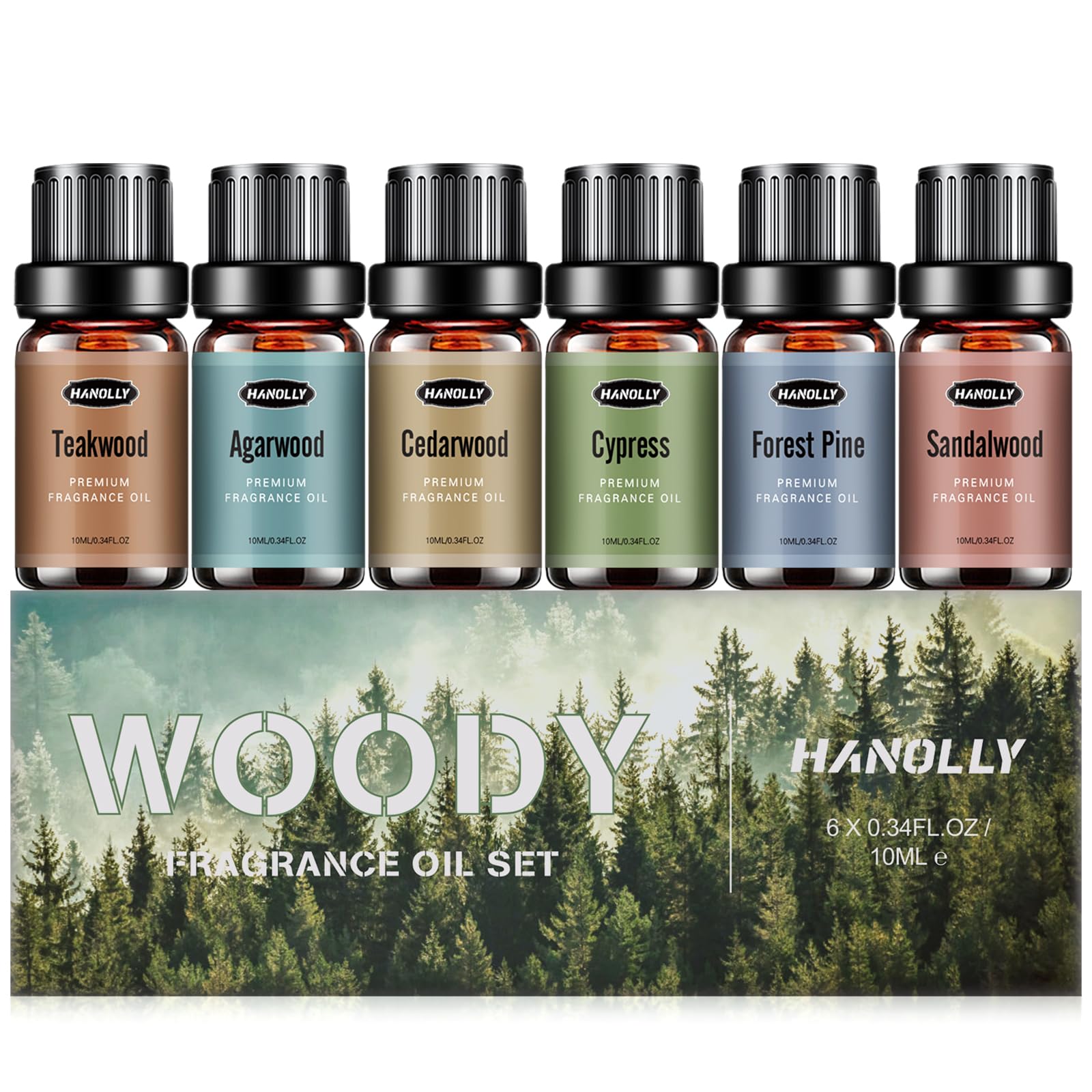 Woody Essential Oils Set – 6x10ml Aromatherapy Oils for Diffuser (Sandalwood, Cedarwood, Teakwood, Agarwood, Cypress, Forest Pine)