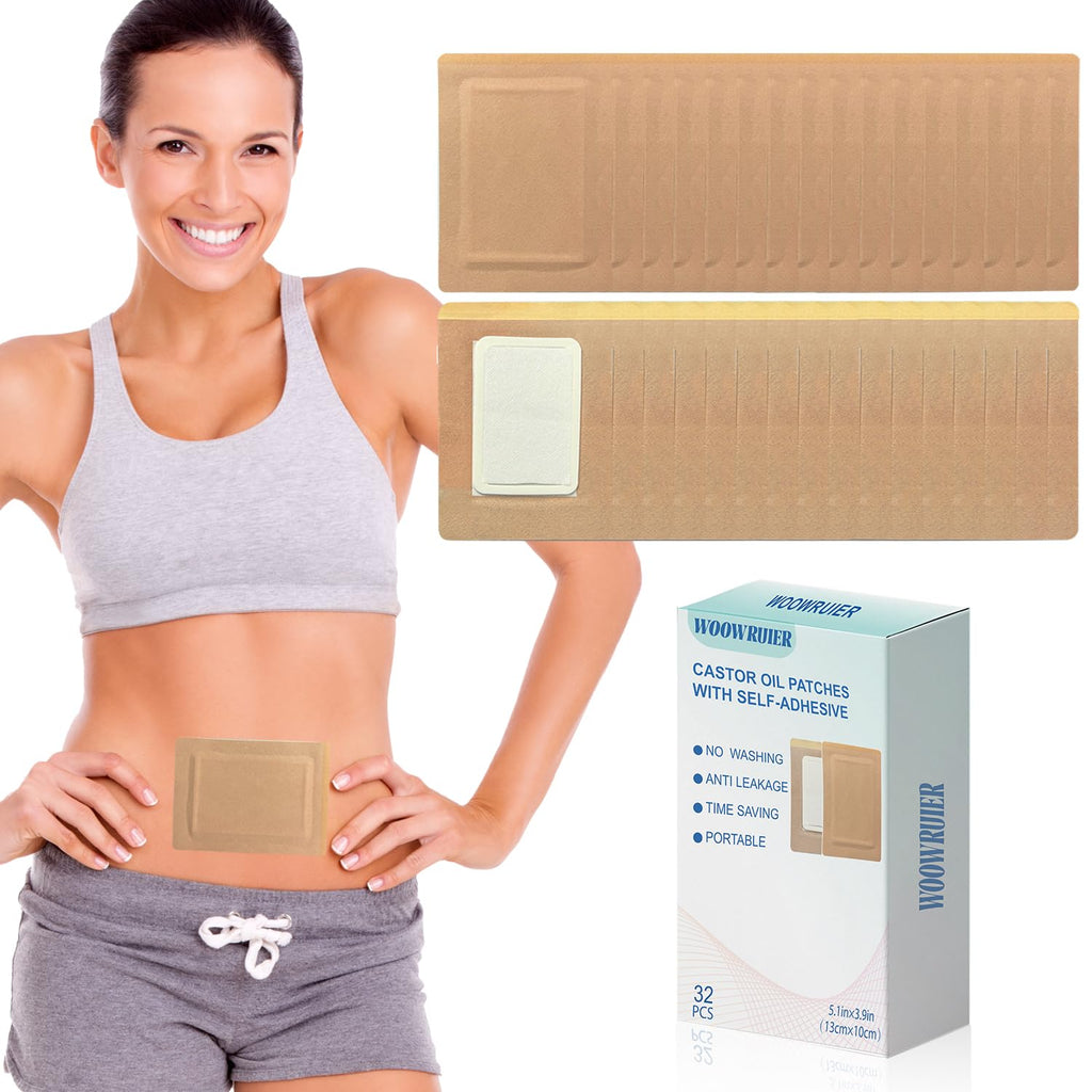 Woowruier 32 Pcs Castor Oil Patches – Anti-Leakage Pack Wrap for Belly, Feet & Knee (Oils Not Included), 5.1 x 3.9 inches