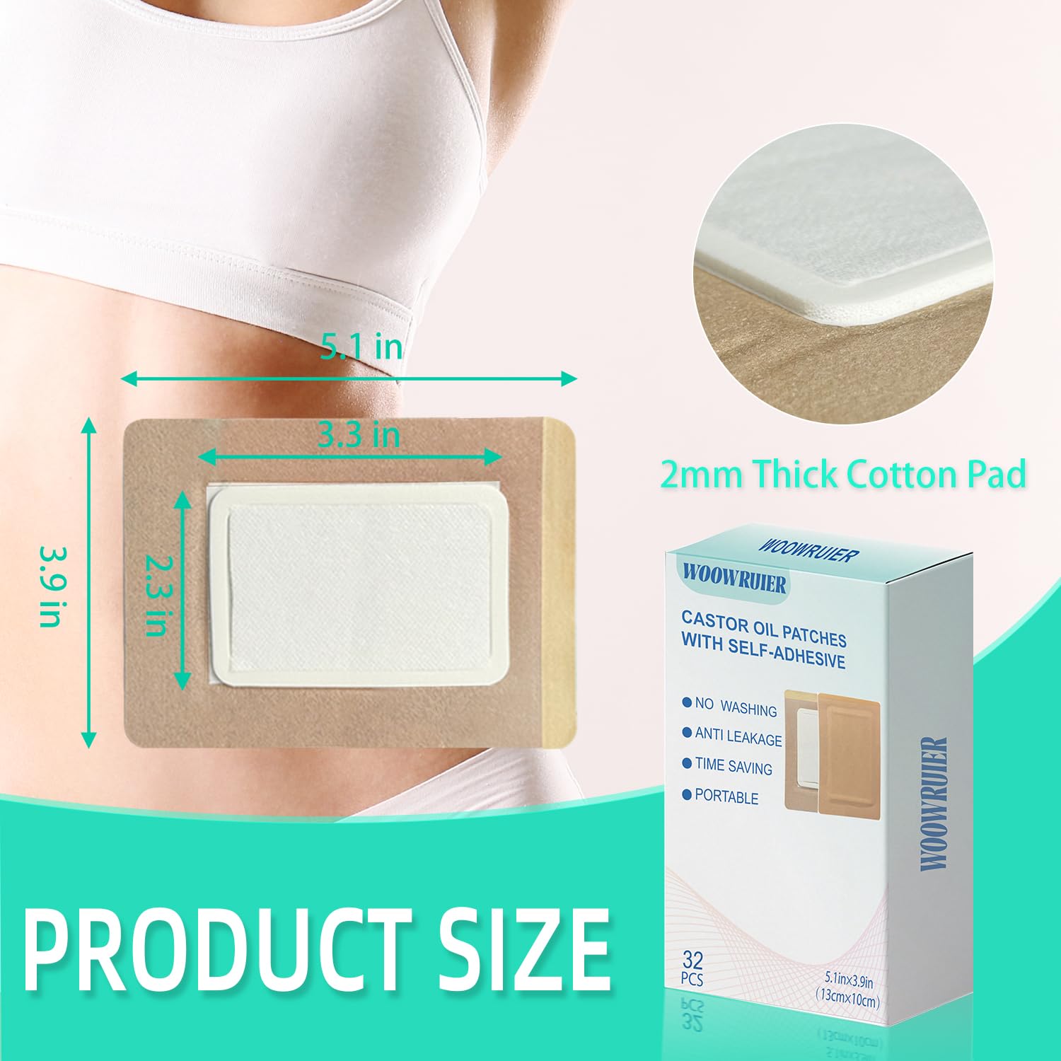 Woowruier 32 Pcs Castor Oil Patches – Anti-Leakage Pack Wrap for Belly, Feet & Knee (Oils Not Included), 5.1 x 3.9 inches
