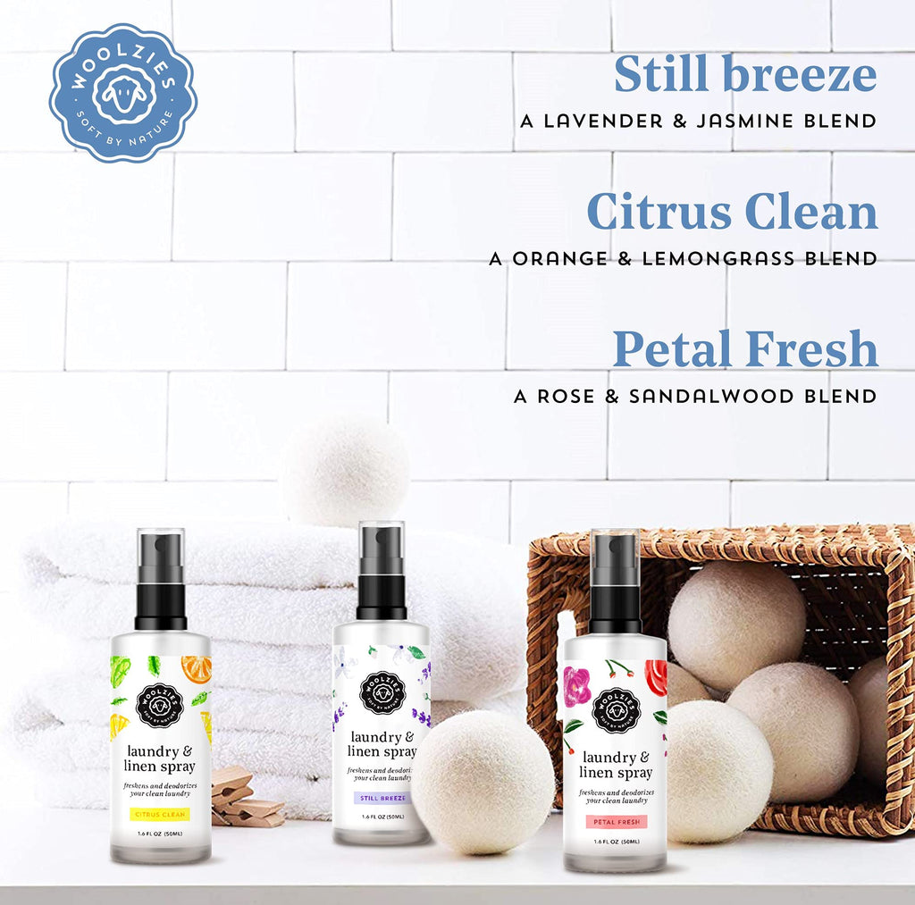Woolzies Laundry Essential Oil Linen Spray Set – Still Breeze, Petal Fresh, Citrus Clean (50 ml)