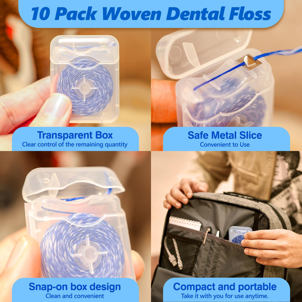 Woven Dental Floss - Expandable Waxed Mint Floss for Gentle Oral Care, Whitening, Plaque Removal, Kid-Friendly String Floss, 10 Spools (30 yd Each)
