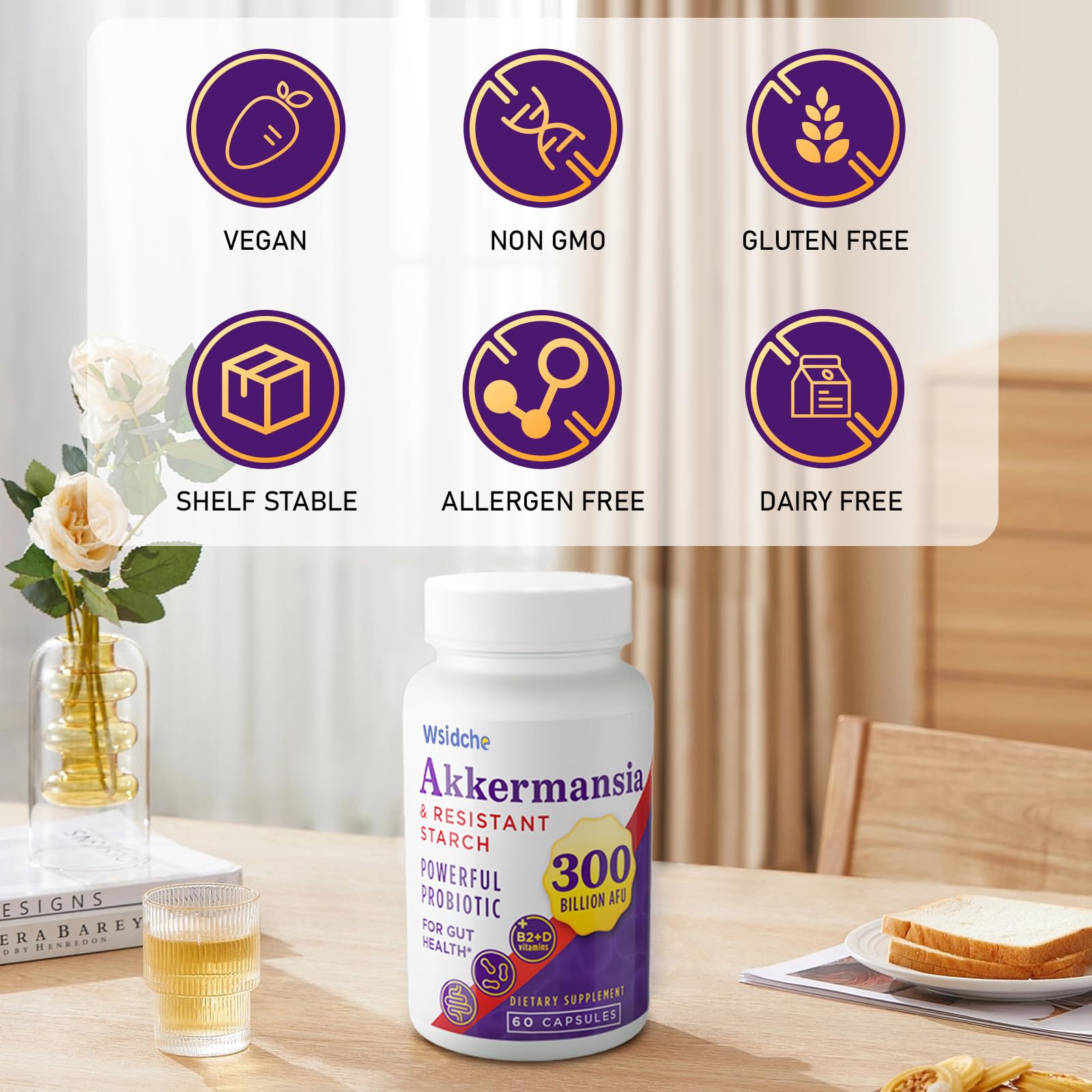 Wsidche 300 Billion AFU Akkermansia Probiotic | 3 Packs for Digestive & Gut Support