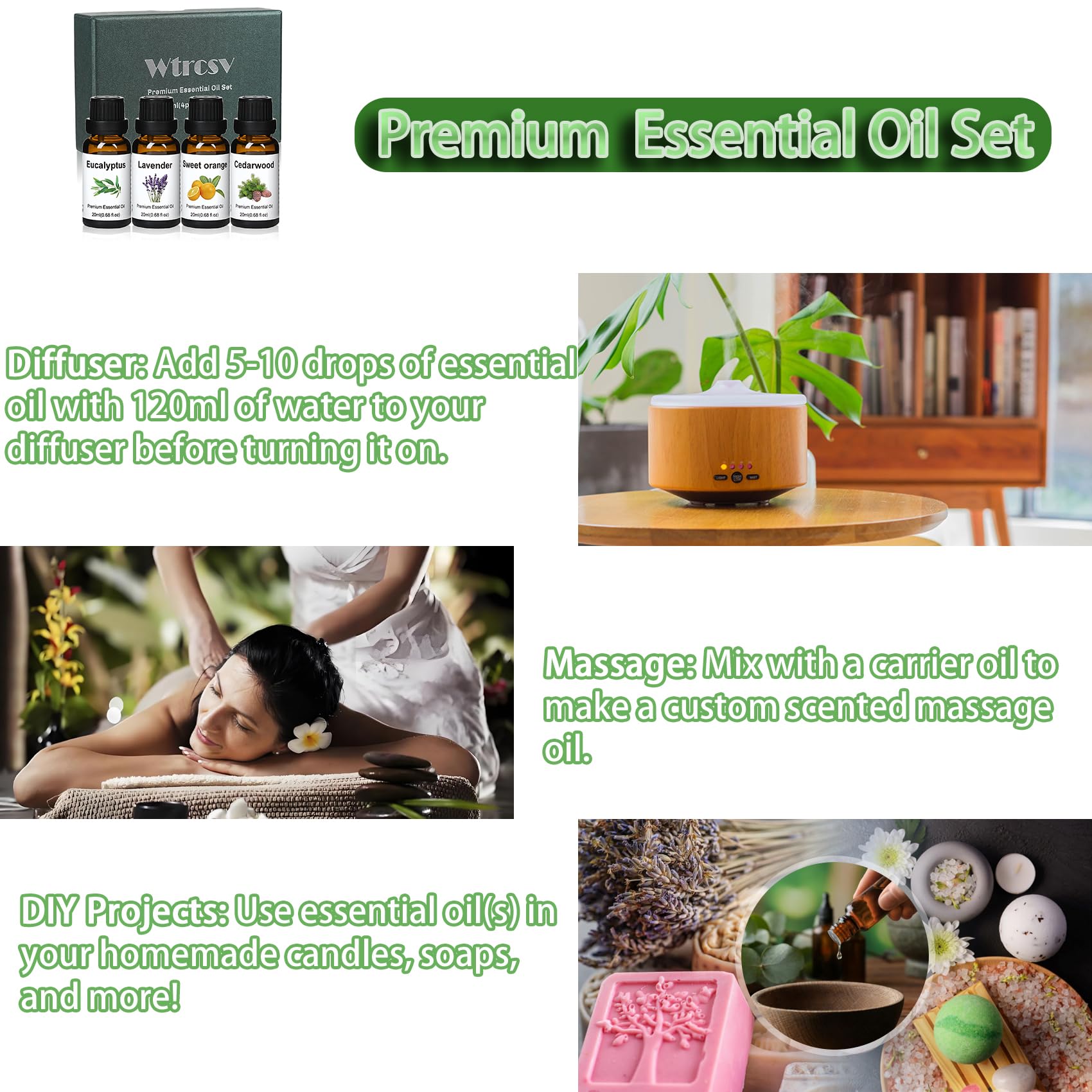 Wtrcsv Essential Oils Set – Eucalyptus, Lavender, Cedarwood & Sweet Orange | Diffuser & DIY Projects