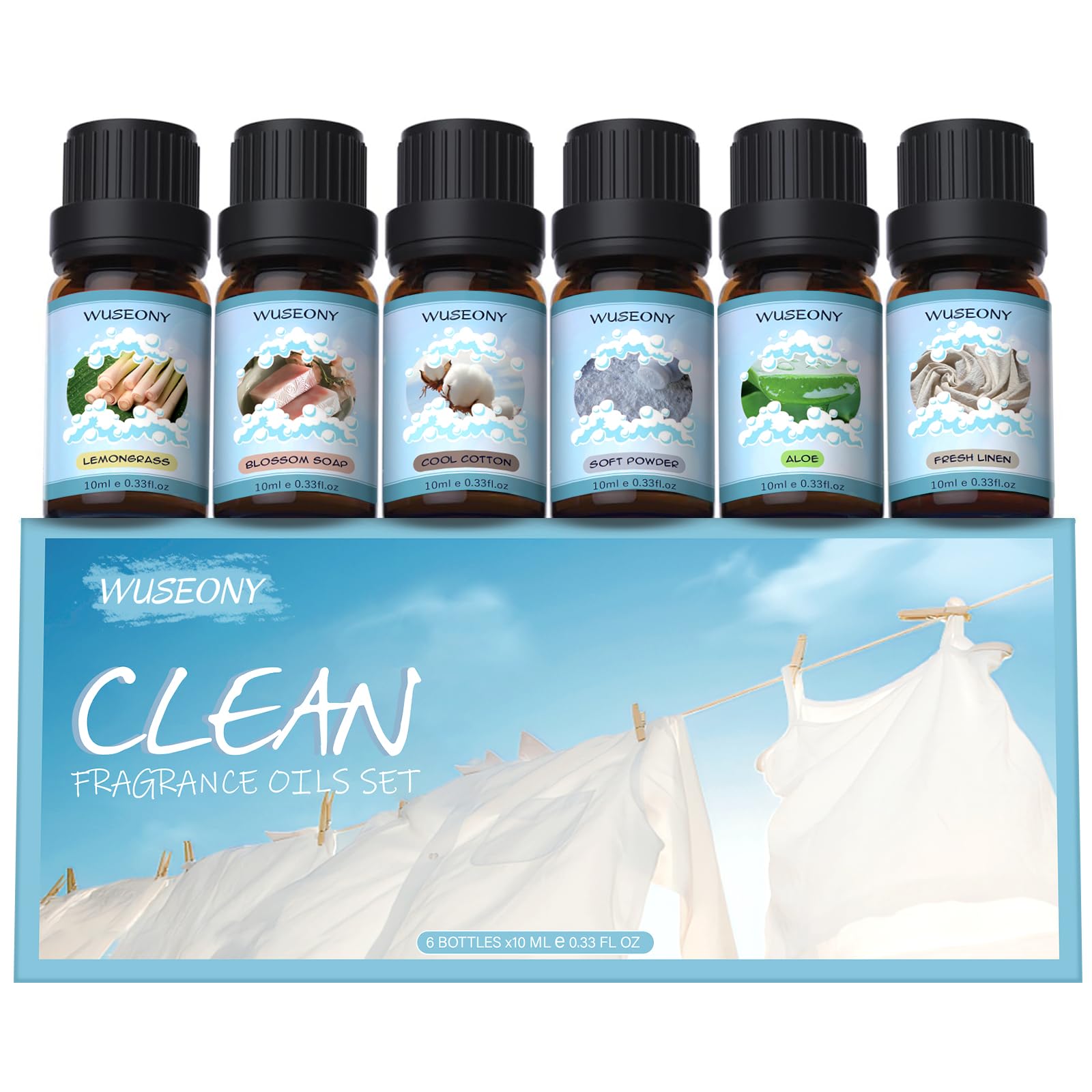 WUSEONY Clean Fragrance Oils Set – Premium Diffuser Essential Oils
