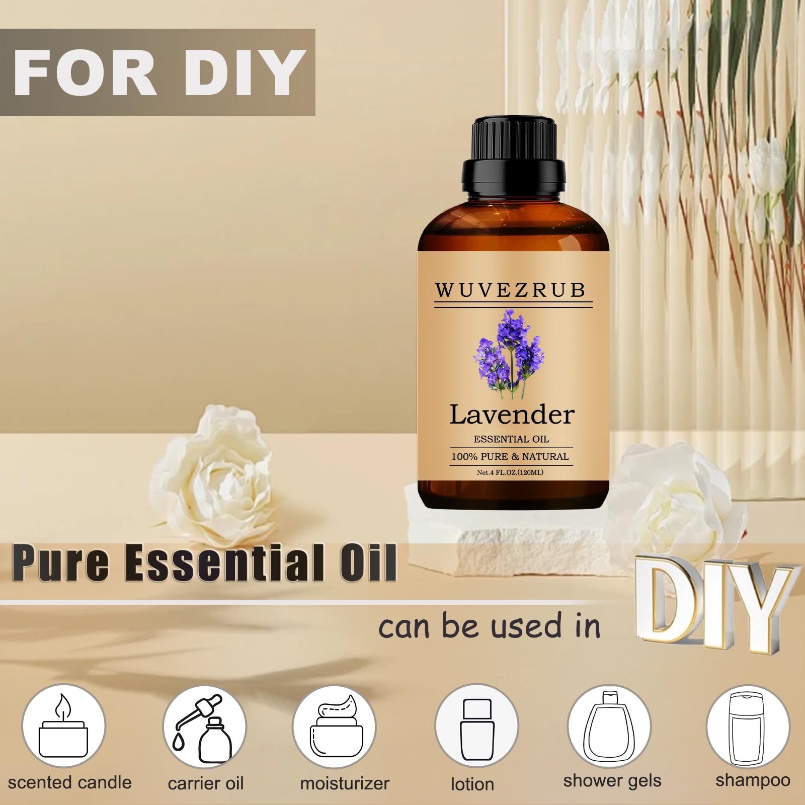 Wuvezrub Lavender Essential Oil 120ML – 100% Pure & Natural for Aromatherapy