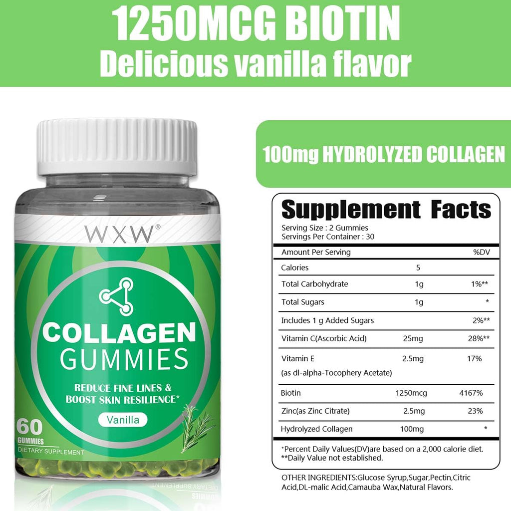 WXW Hydrolyzed Collagen Gummies for Women - Non-GMO Anti-Aging Formula | Biotin, Zinc, Vitamins C & E | Vanilla 60ct