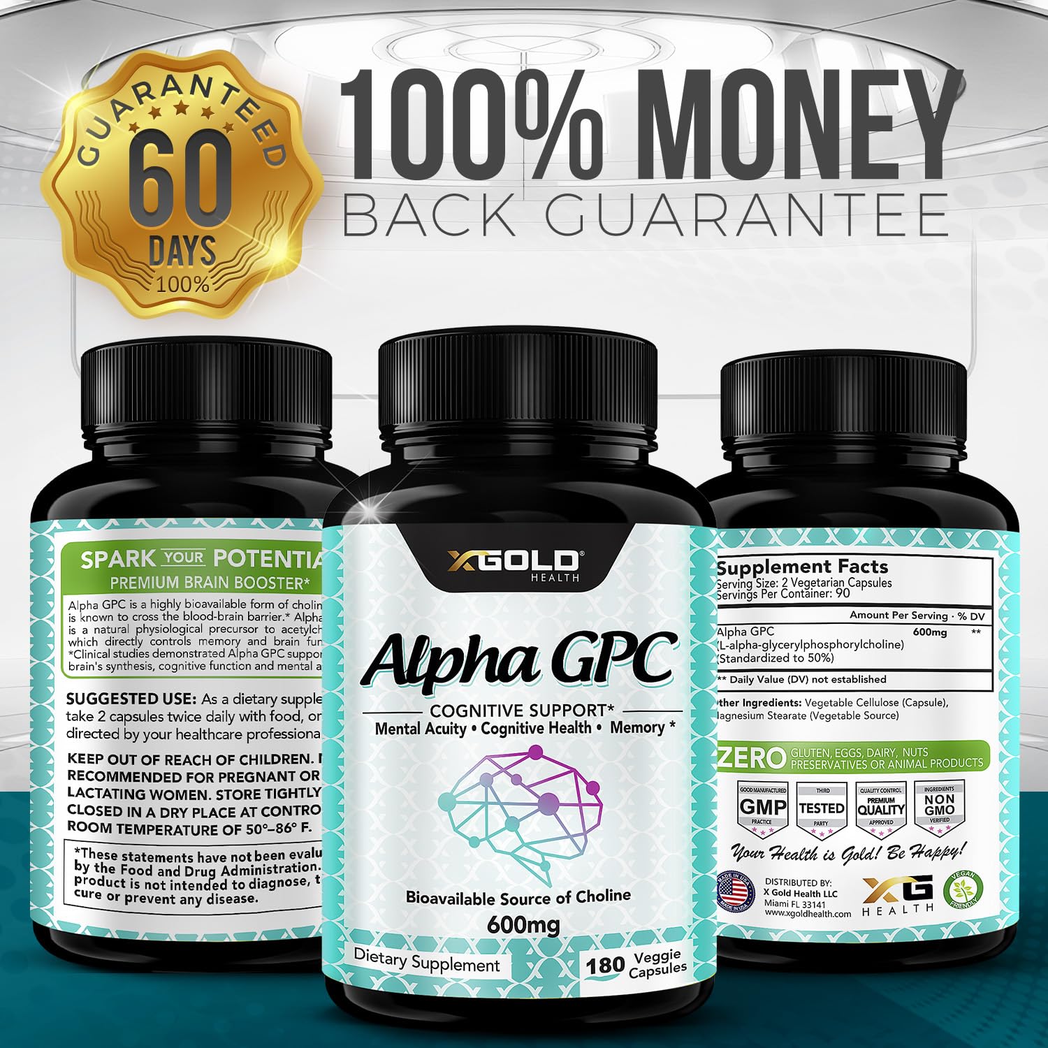 Alpha GPC Choline Supplement 600mg | 180 Veggie Capsules | High-Purity, Bioavailable Nootropic | X Gold Health