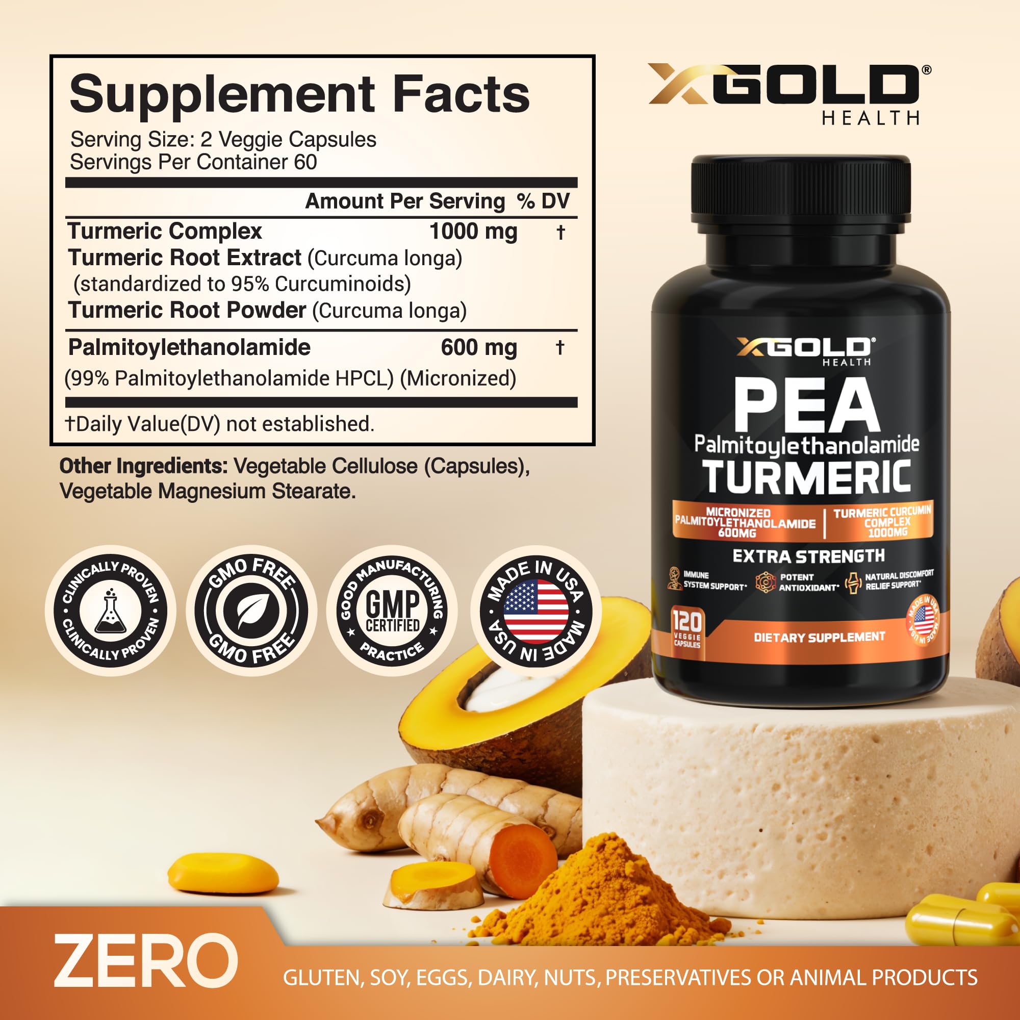 X Gold Health Pea PEA + Turmeric Curcumin Complex – 1600mg Micronized, 99% PEA & 95% Curcuminoids – Joint Support, Mobility & Comfort – Made in USA