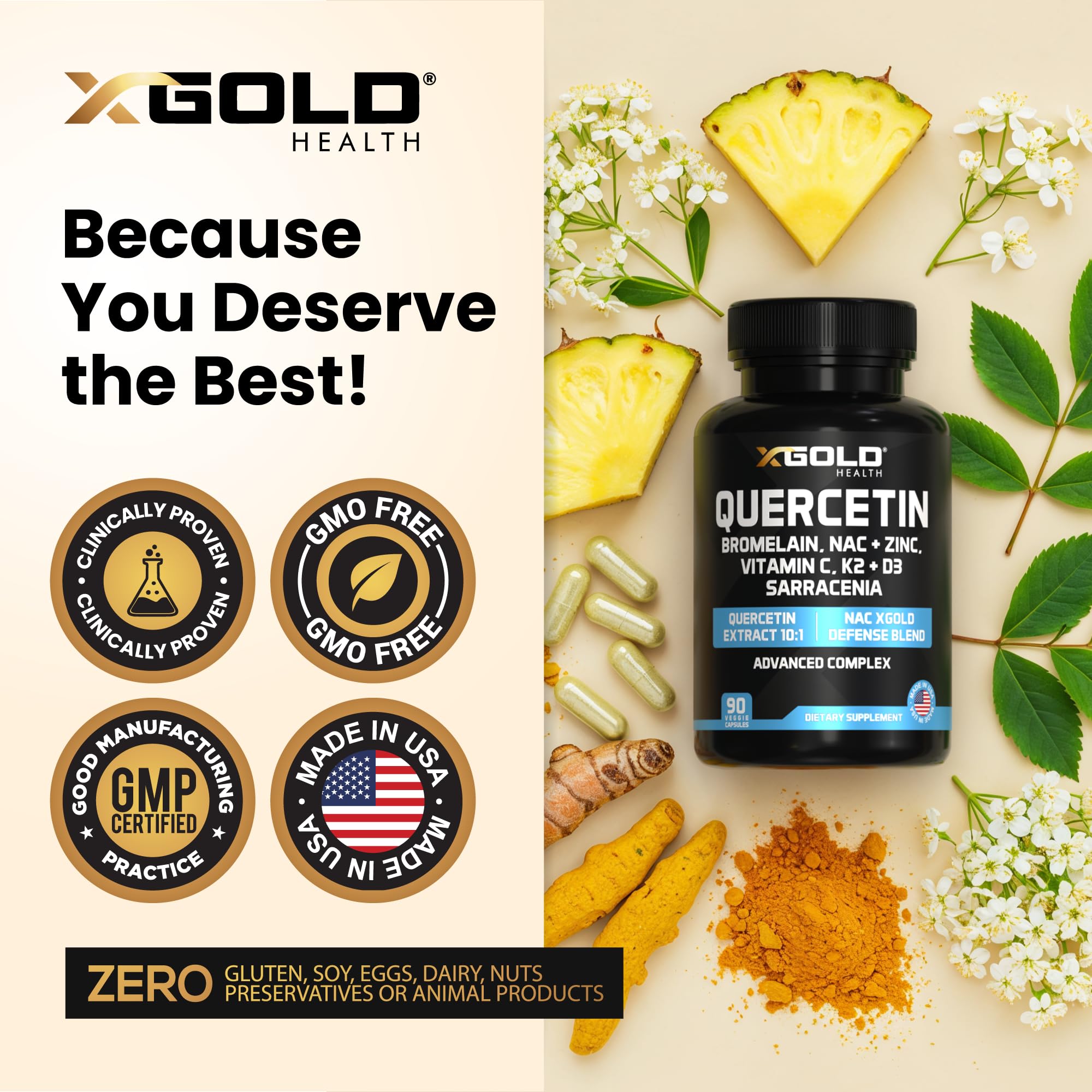 X Gold Immune Support - Quercetin 1000mg, NAC 1000mg, Zinc + D3+K2 | 120 Caps