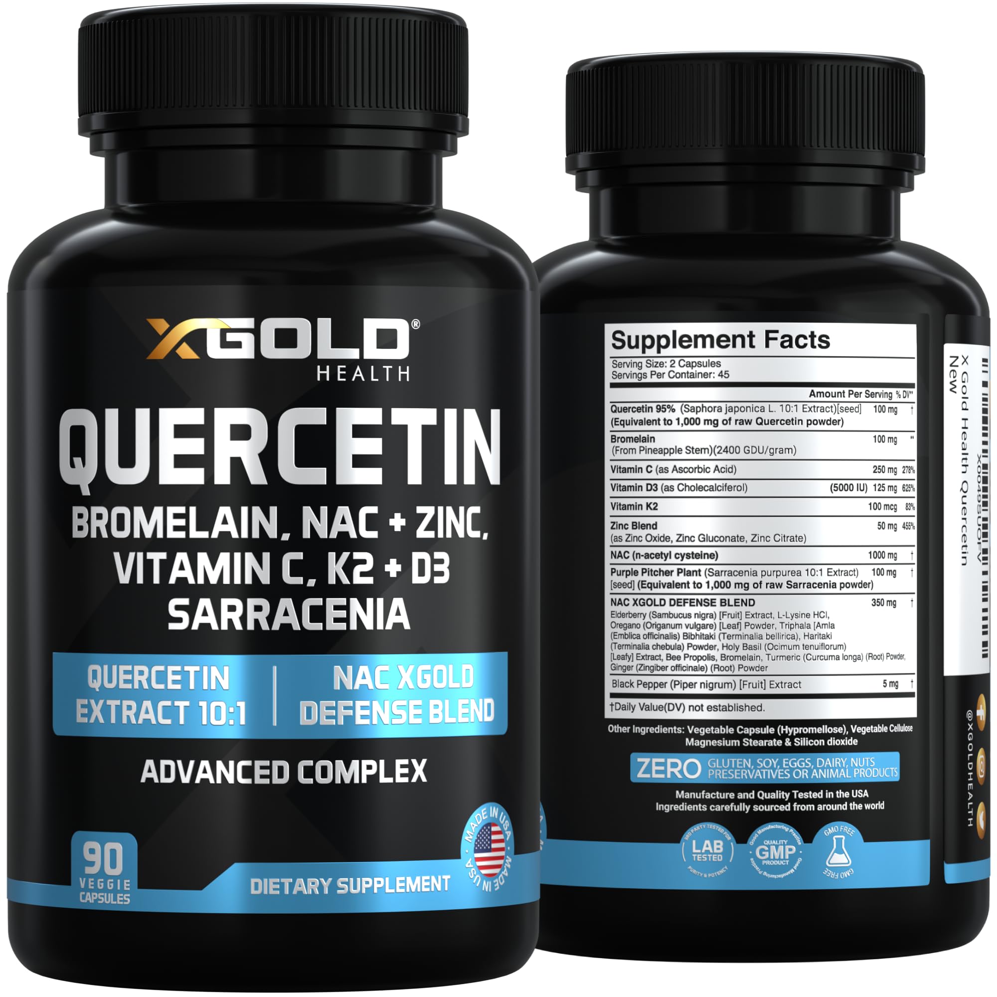 X Gold Immune Support - Quercetin 1000mg, NAC 1000mg, Zinc + D3+K2 | 120 Caps