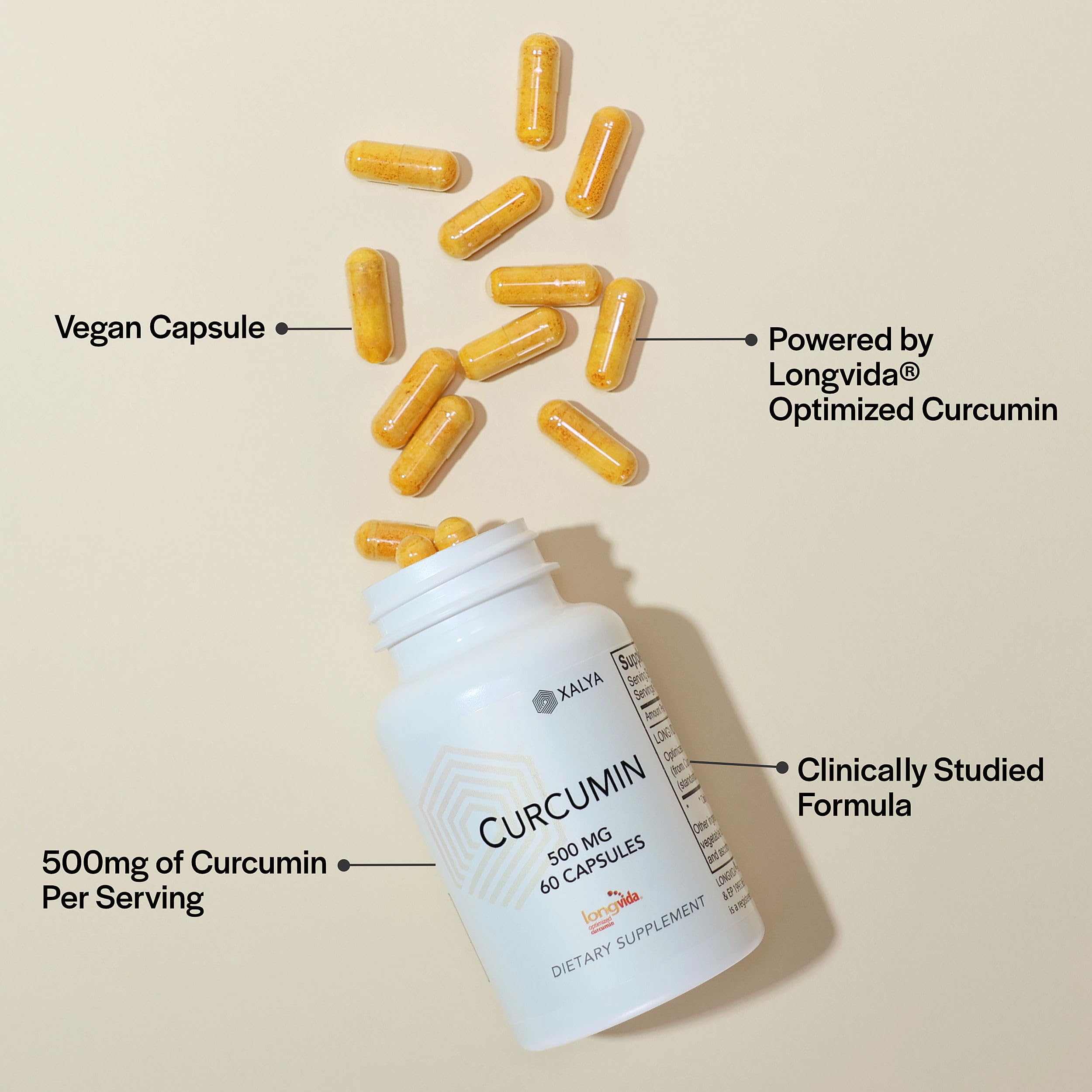 Xalya Longvida Curcumin 500 mg – 60 Capsules | High Absorption, 285x Bioavailable, Non-GMO, Vegan & Gluten Free