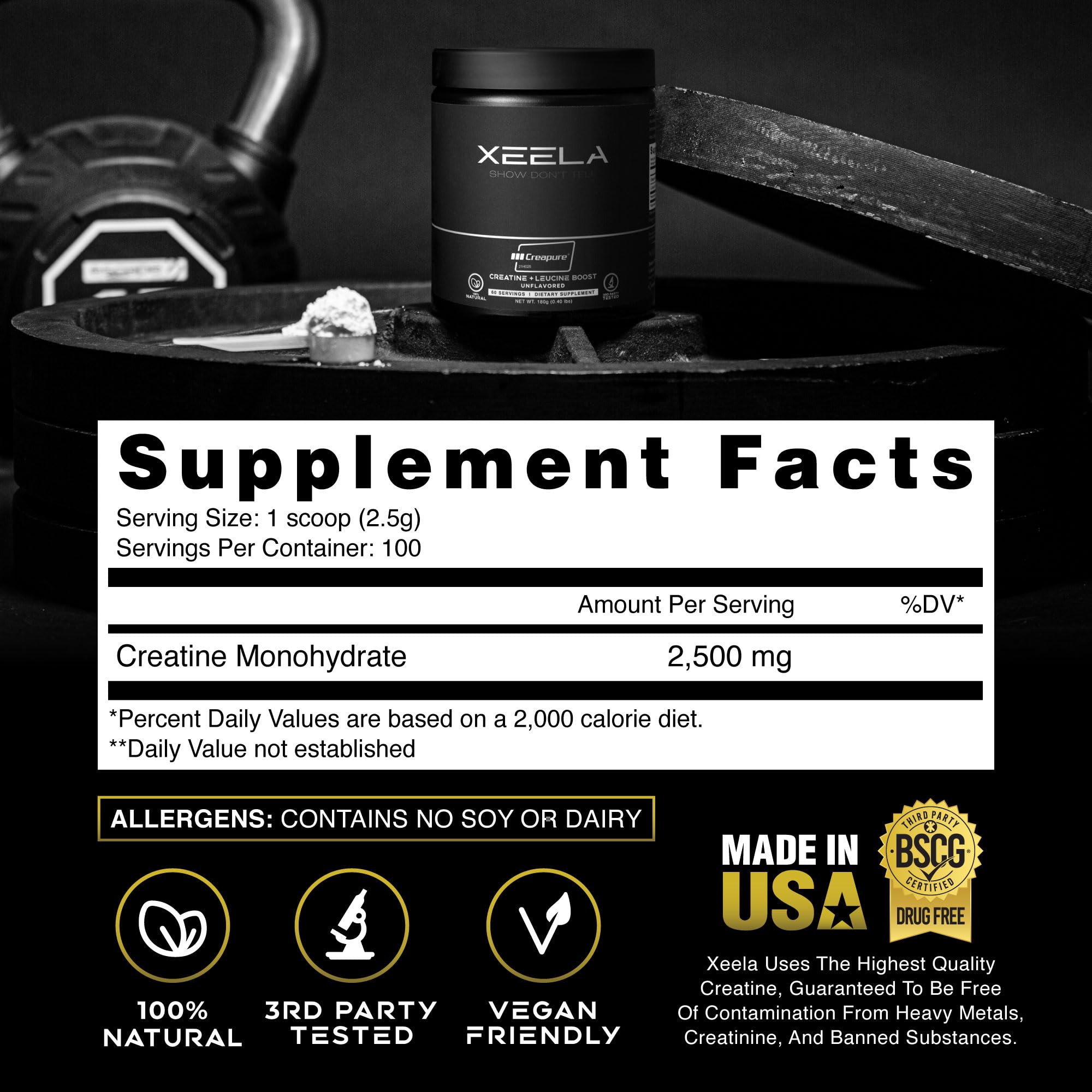 XEELA Creatine for Lean Muscle Gain – Unflavored, 60 Servings | Creapure, Vegan