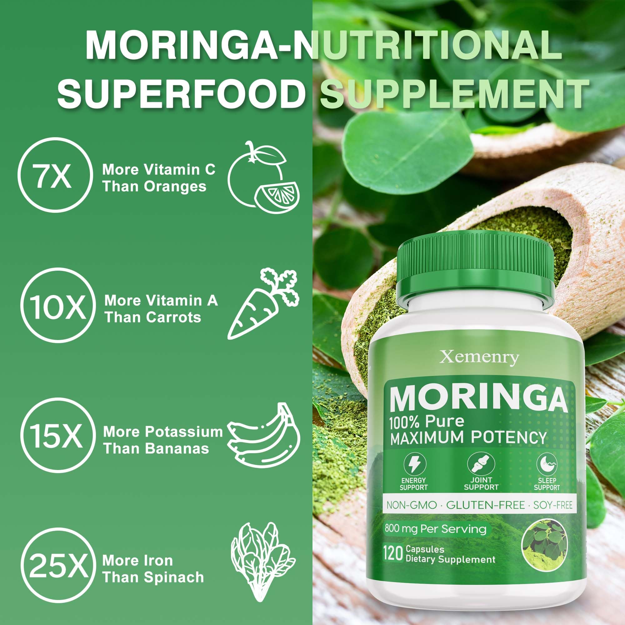 Xemenry Moringa Capsules 800mg | Energy, Immune & Gut Health - 120 Caps