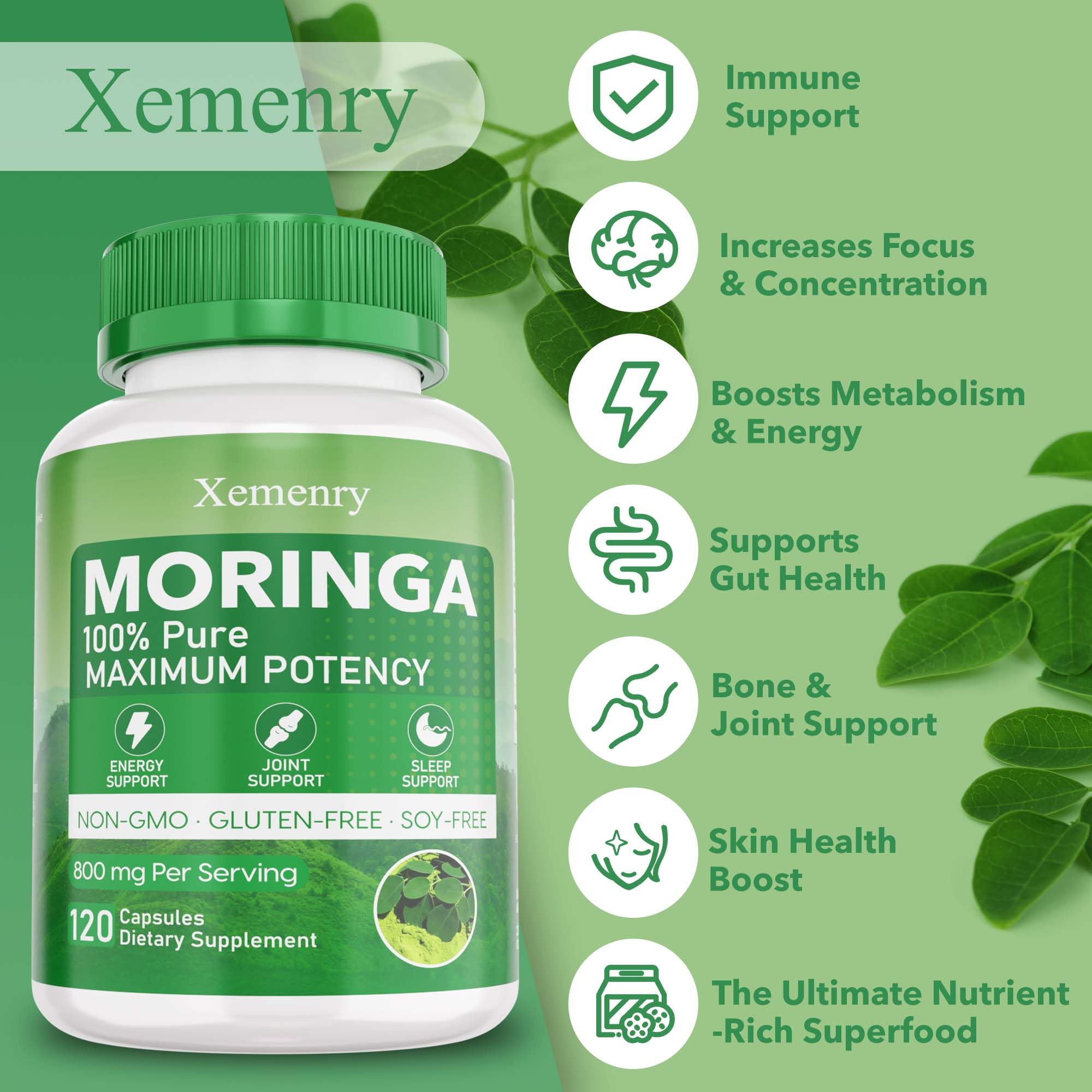 Xemenry Moringa Capsules 800mg | Energy, Immune & Gut Health - 120 Caps
