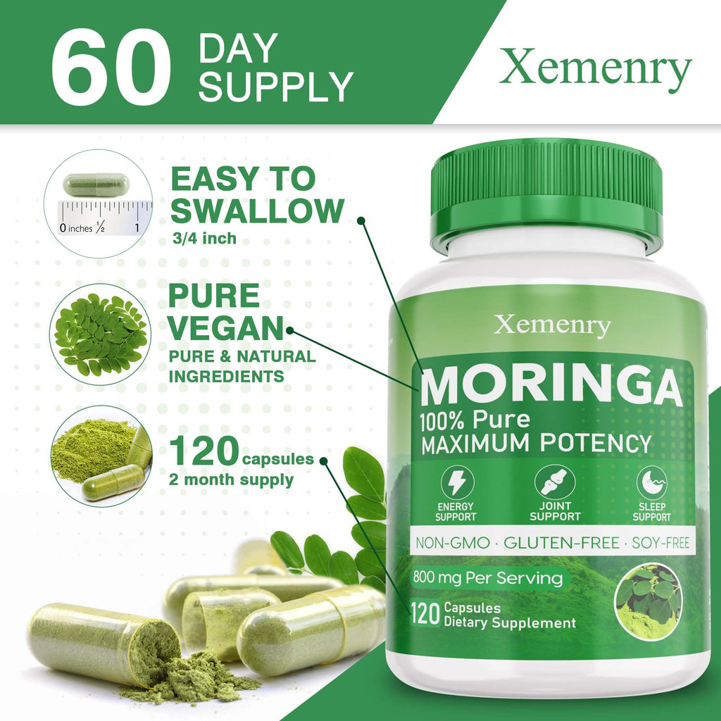 Xemenry Moringa Capsules 800mg | Energy, Immune & Gut Health - 120 Caps