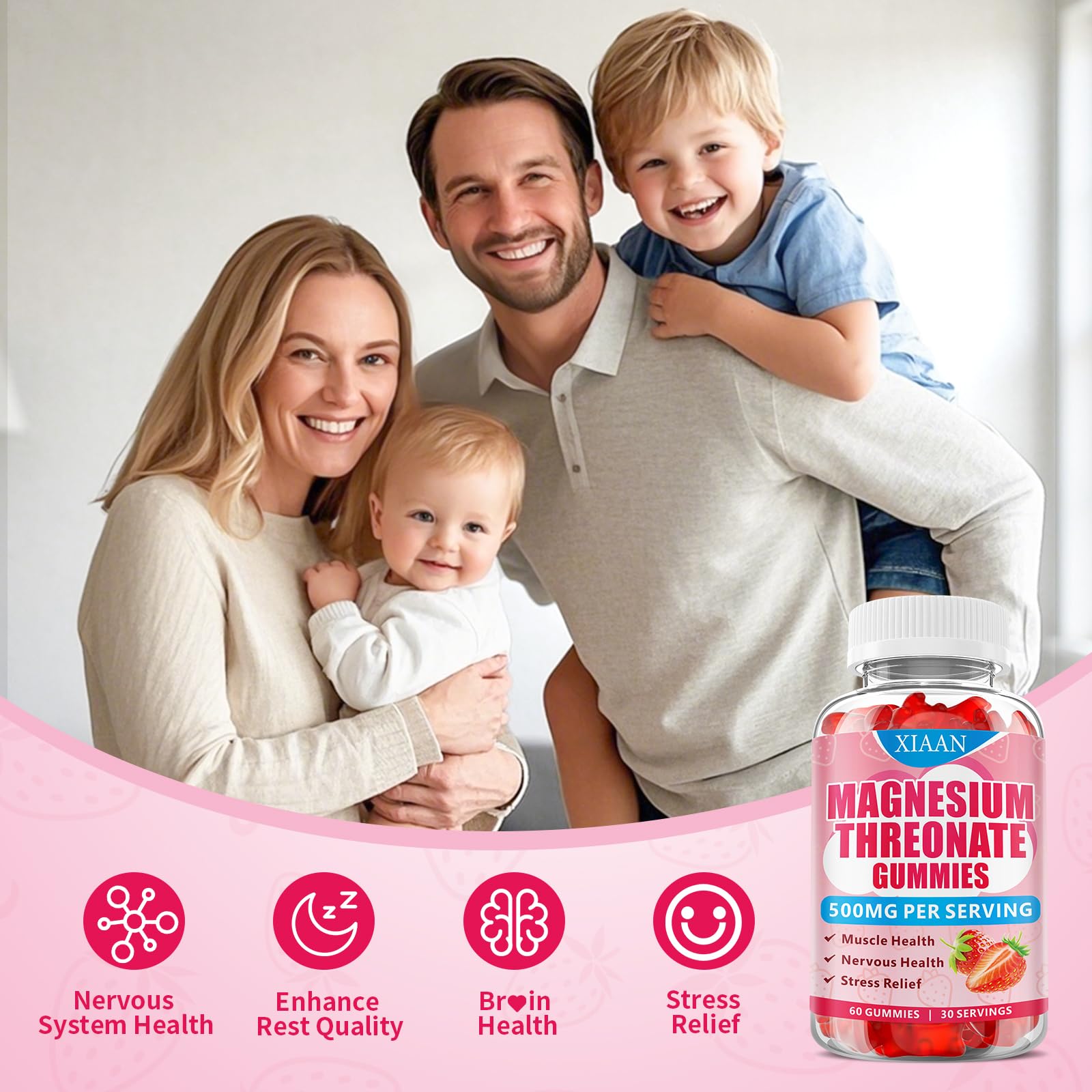 XIAAN Magnesium L-Threonate Gummies 500mg – Sugar-Free Strawberry, 120 Count