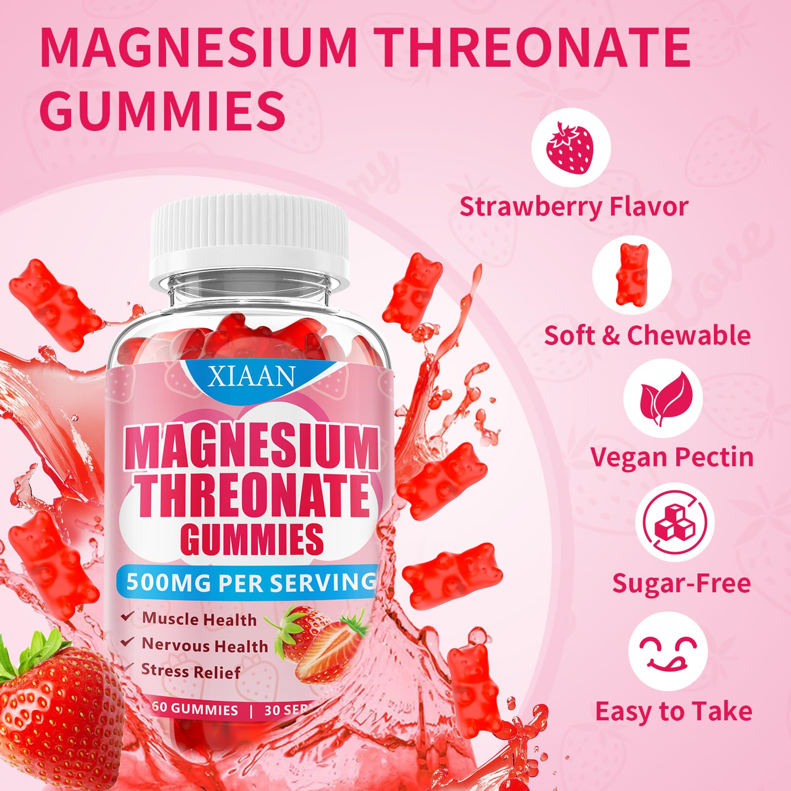 XIAAN Magnesium L-Threonate Gummies 500mg – Sugar-Free Strawberry, 120 Count