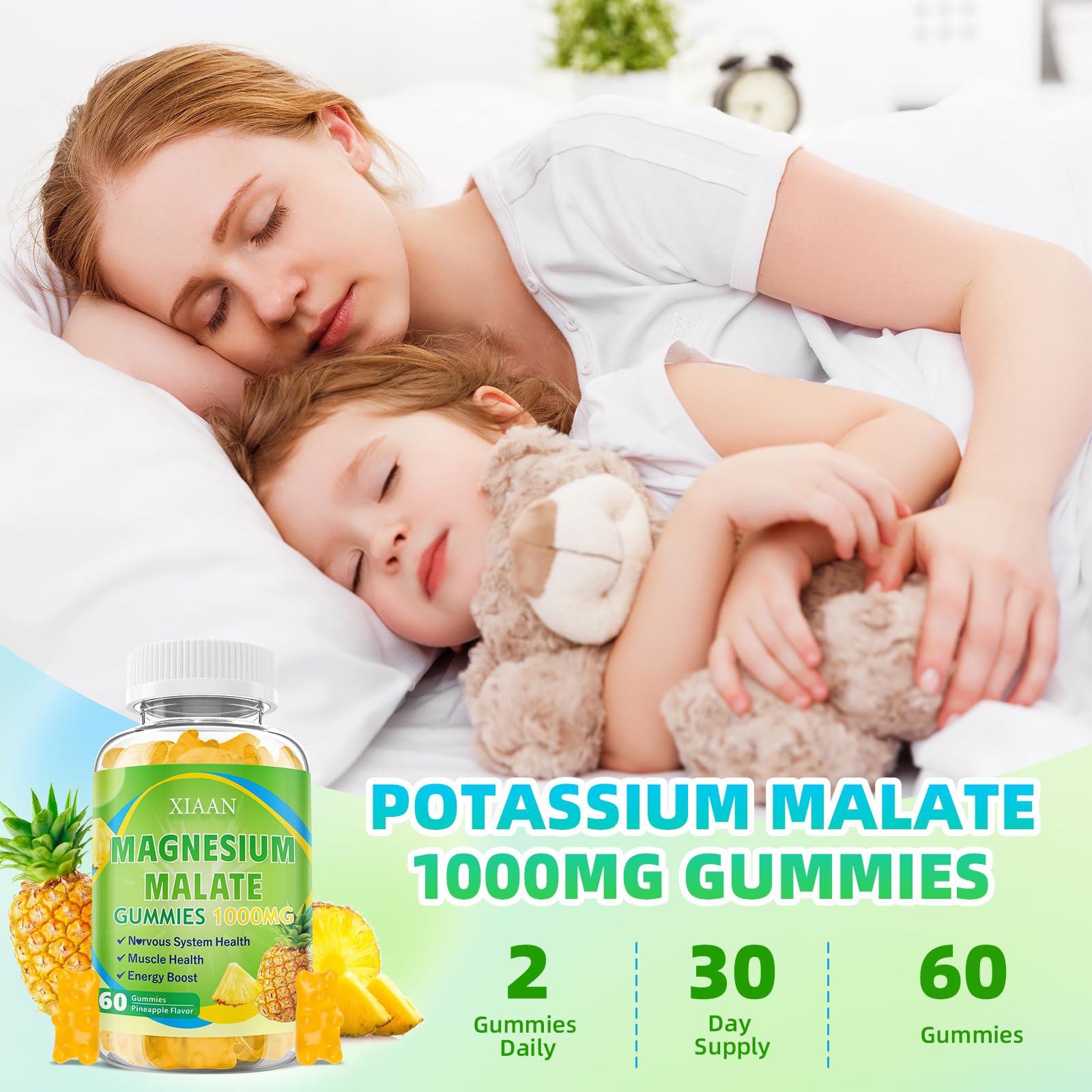 XIAAN Magnesium Malate Gummies 1000mg – CoQ10, L-Theanine & Vitamin B6 | Sugar-Free Pineapple