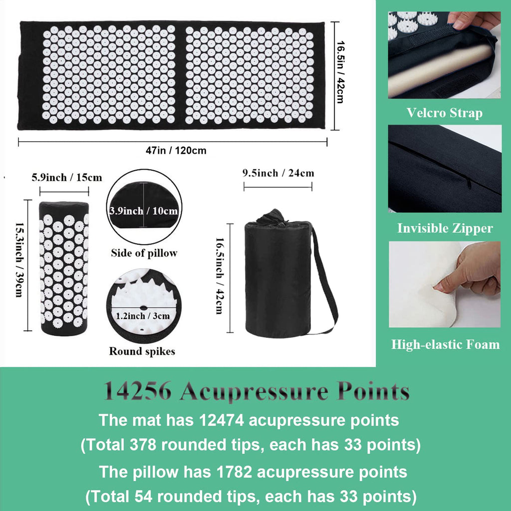 XiaoMaGe Acupressure Mat & Pillow Set – Extra Long for Neck & Back Pain Relief (Black)
