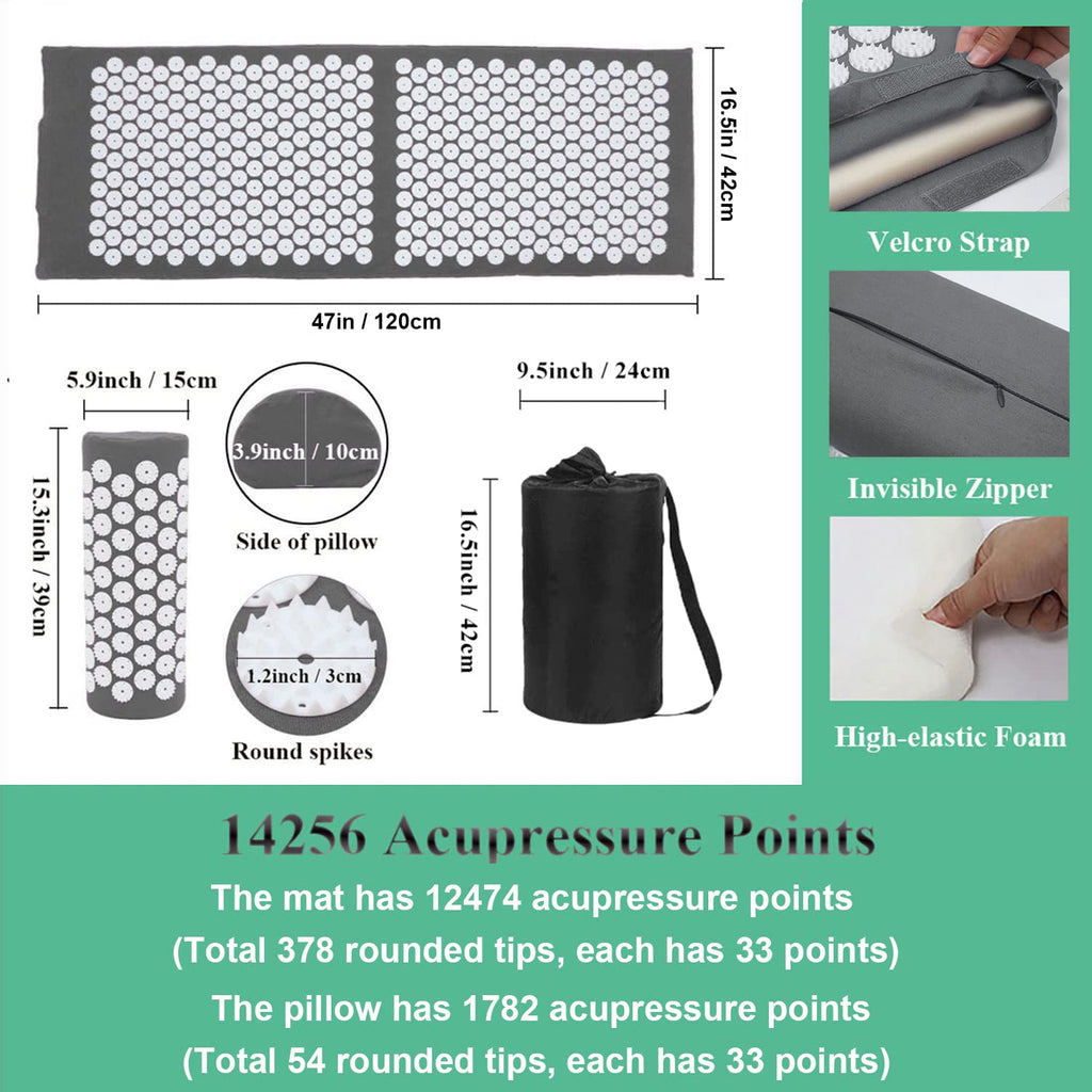 XiaoMaGe Acupressure Mat & Pillow Set – Gray, Back Pain Relief