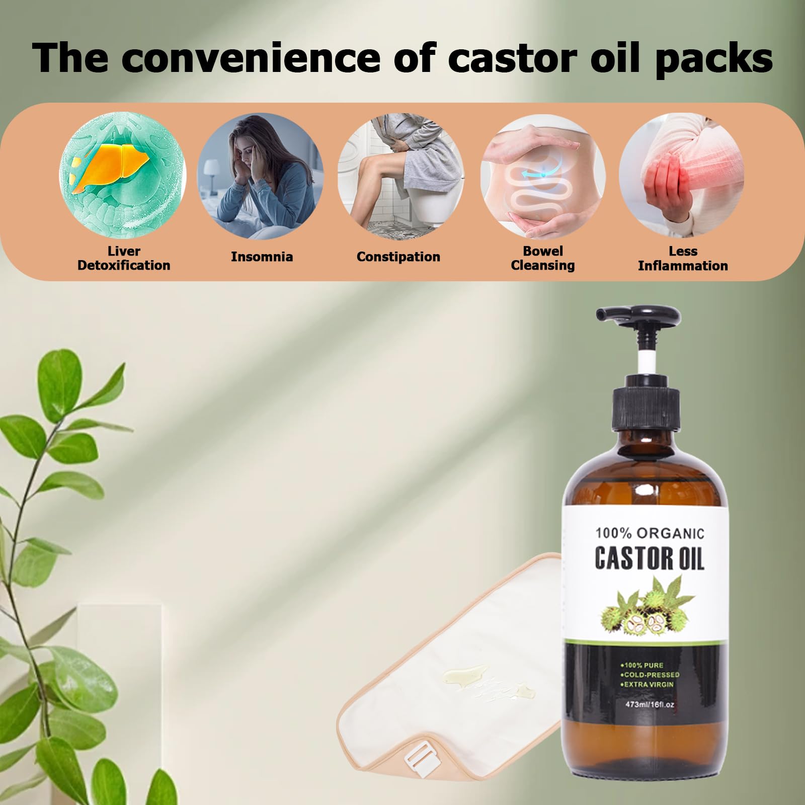 XIKERAY Organic Cold-Pressed Castor Oil (16oz/473ml) + Castor Oil Pack Kit
