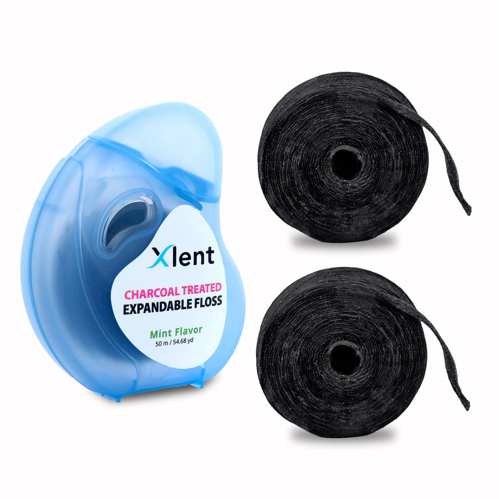 Xlent Expandable Charcoal Floss with Xylitol & Mint – 150m Eco Bundle (Reusable Blue Dispenser + Refills)
