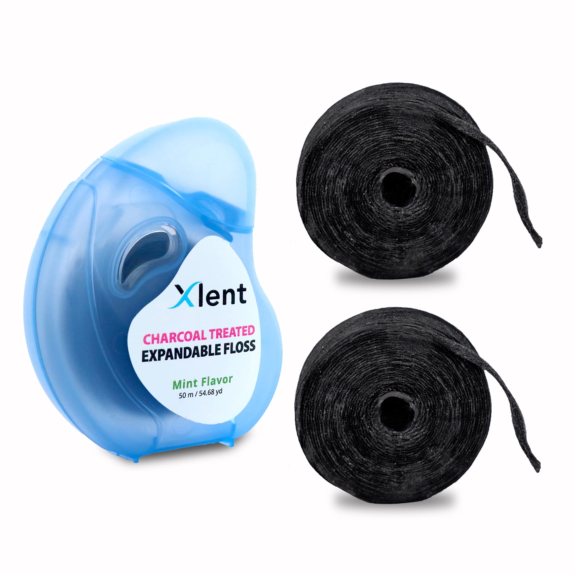 Xlent Expandable Charcoal Floss with Xylitol & Mint – 150m Eco Bundle (Reusable Blue Dispenser + Refills)