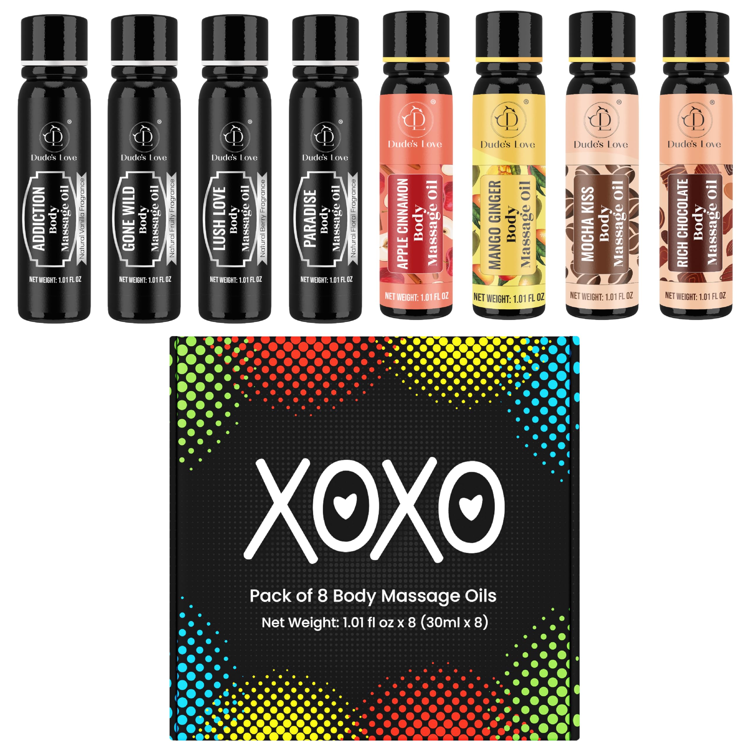 XOXO 8-Piece Flavoured Body Massage Oils Set – Natural Aroma 240ML | by Dude's Love