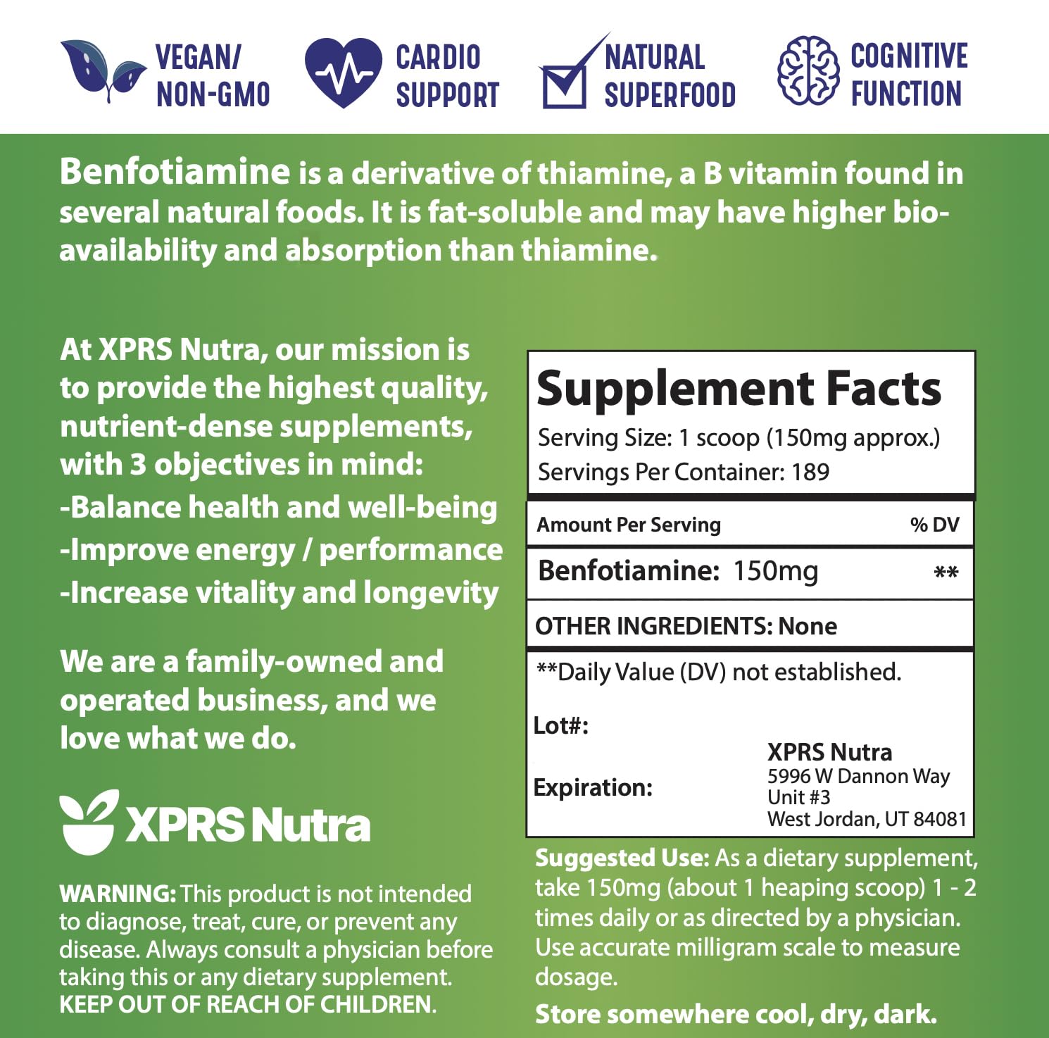 XPRS Nutra Benfotiamine Powder (Thiamine) - Fat Soluble Happy Heart Thiamine Supplement - Advanced Vitamin B1 Benfotiamine for a Cognitive Boost - Vegan Friendly Benfotamine Powder (1 Ounce)