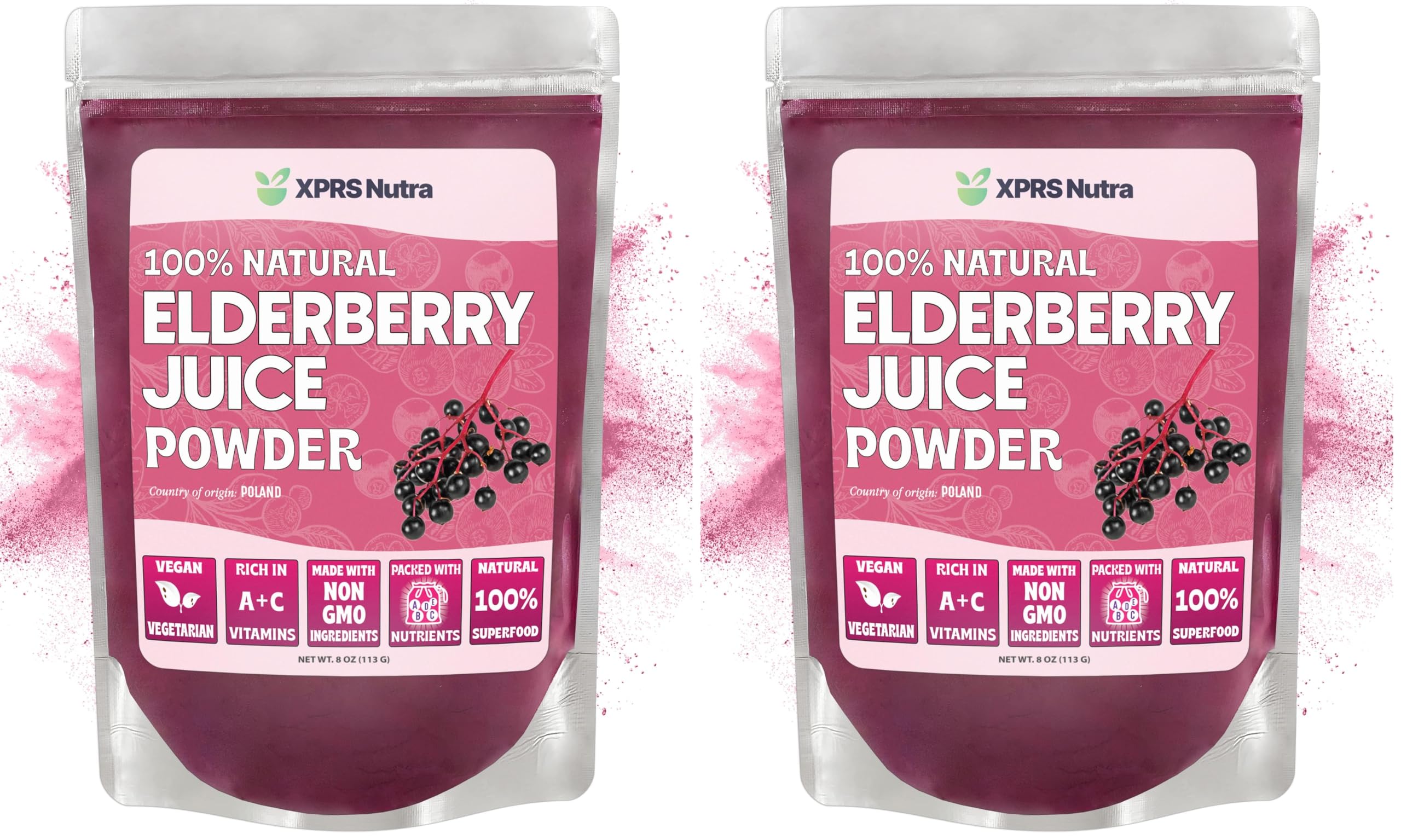 XPRS Nutra Elderberry Juice Powder - Organic Elderberry Powder, Vitamin A & C - 8 oz Pack of 2
