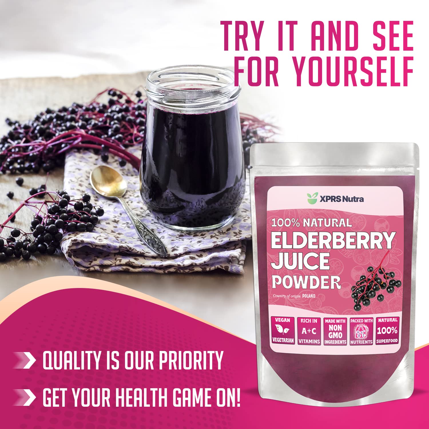 XPRS Nutra Elderberry Juice Powder - Organic Elderberry Powder, Vitamin A & C - 8 oz Pack of 2
