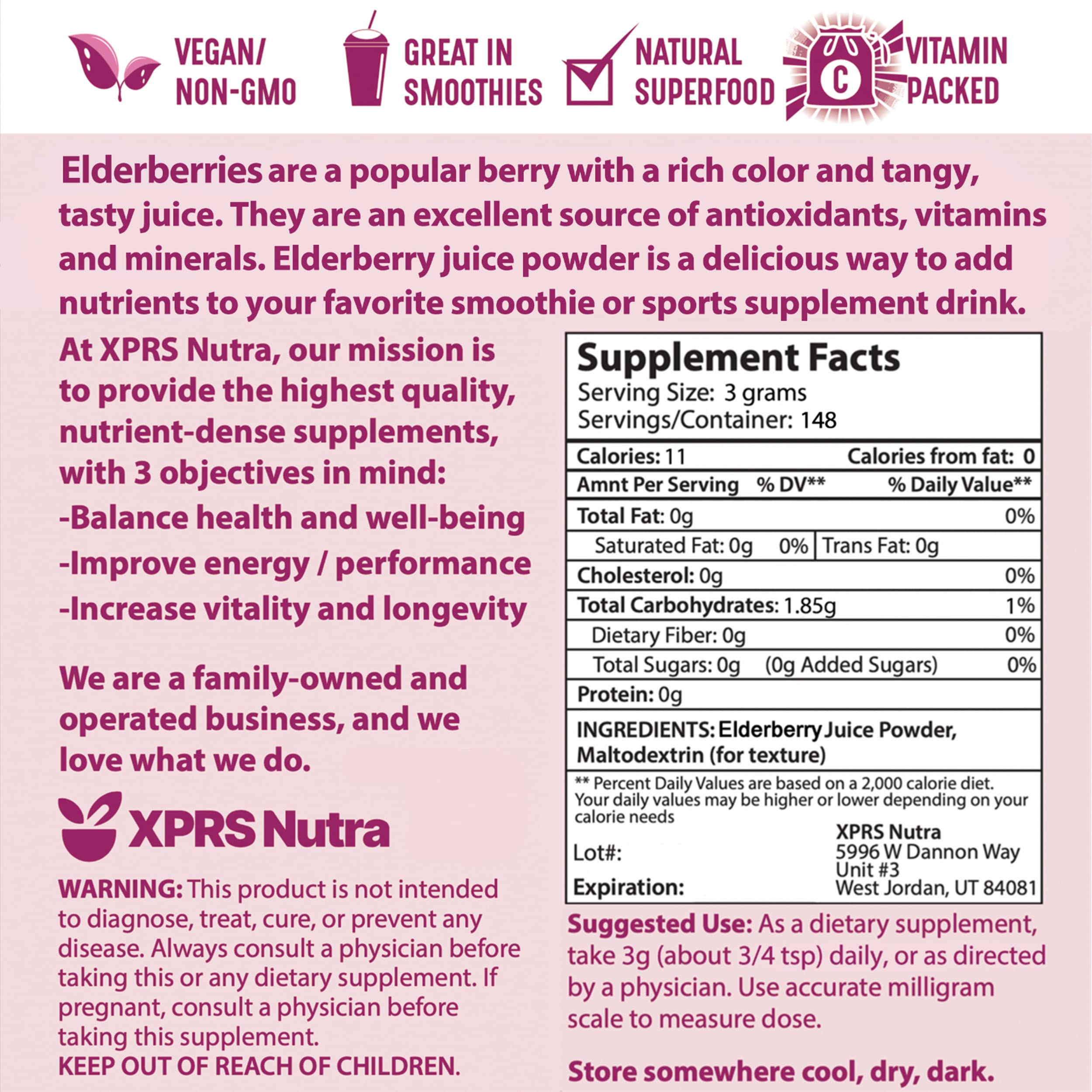 XPRS Nutra Elderberry Juice Powder – Organic Elderberry Powder (16 oz) | Vitamin A & C