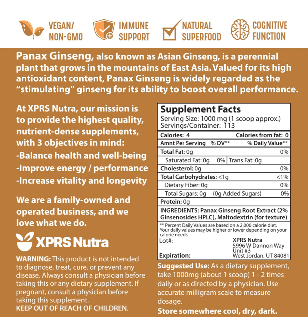 XPRS Nutra Ginseng Root Extract Powder – Panax Ginseng (4 oz) – Immune, Cognition & Performance – Vegan