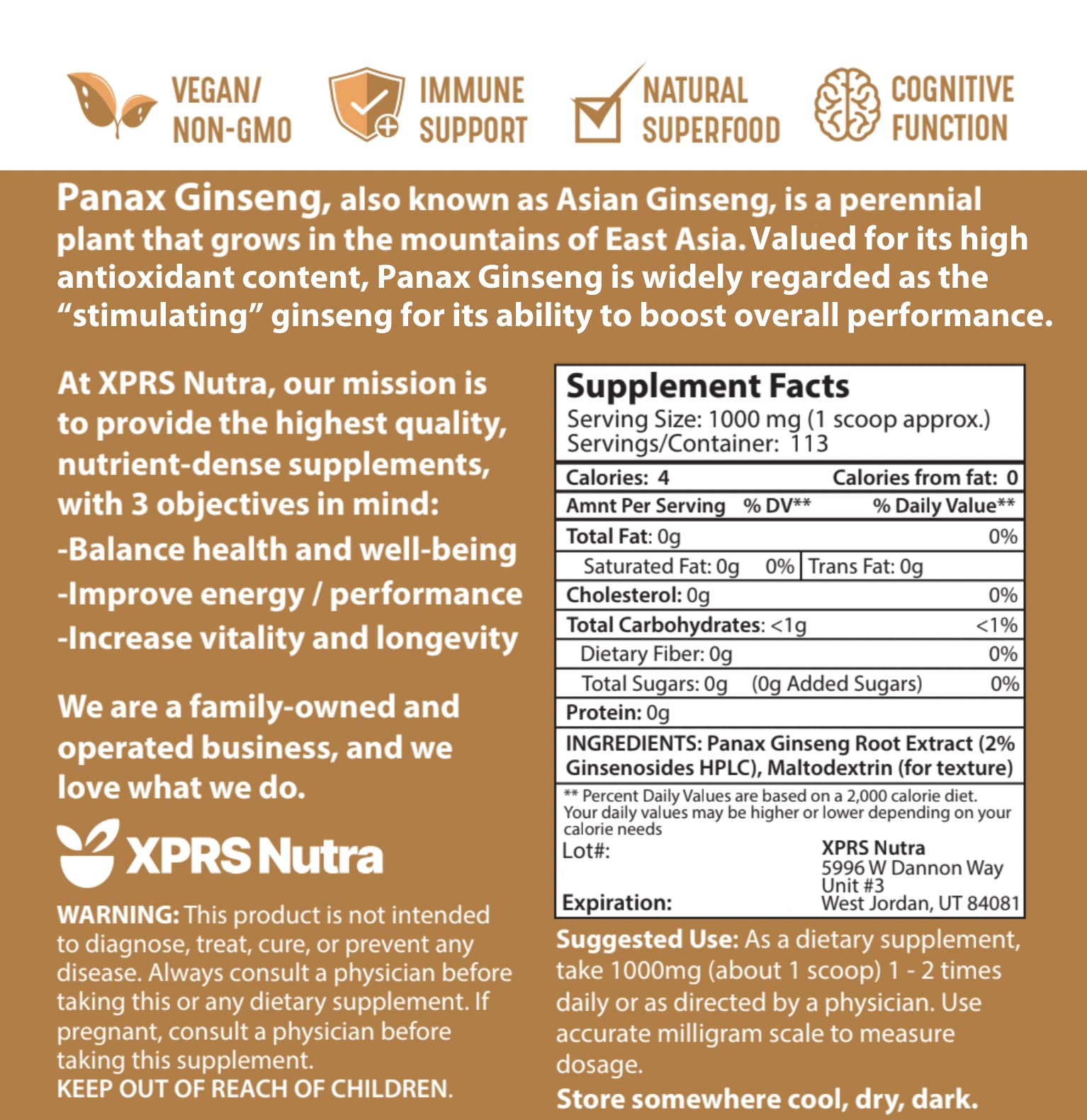 XPRS Nutra Ginseng Root Extract Powder – Panax Ginseng (4 oz) – Immune, Cognition & Performance – Vegan