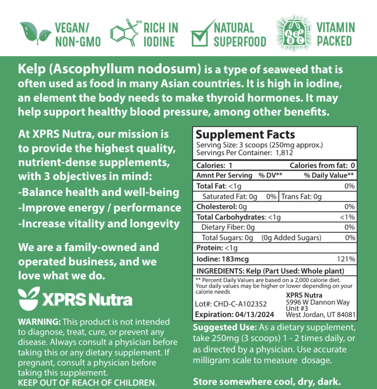 XPRS Nutra Organic Kelp Powder (Ascophyllum Nodosum) - Seaweed Powder with Iodine, Immune Vitamins & Minerals - Food Grade Kelp Supplement (16 oz) - Vegan Superfood for Skin Care