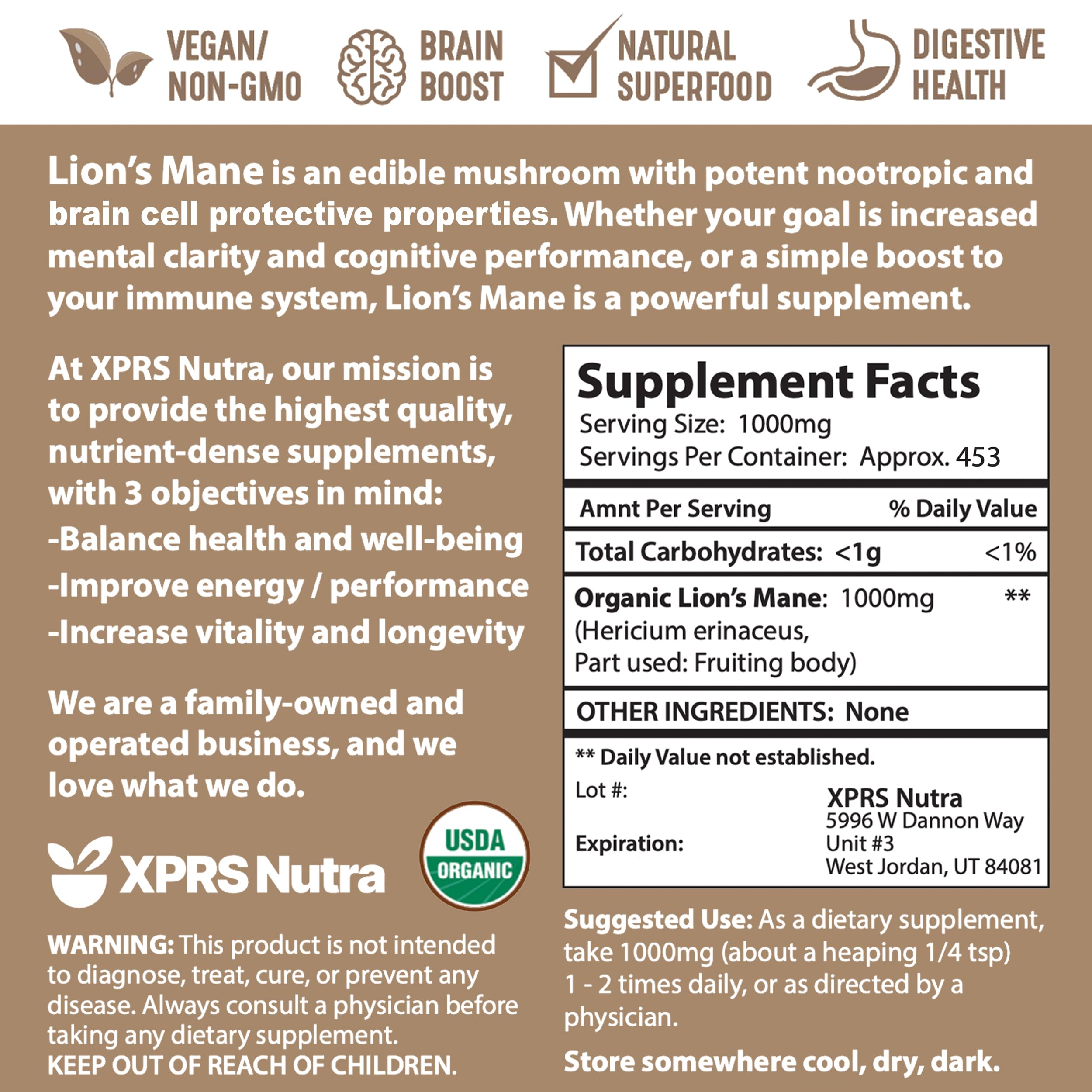 XPRS Nutra Organic Lion's Mane Mushroom Powder – Mental Clarity, Cognition & Immunity (16 oz)