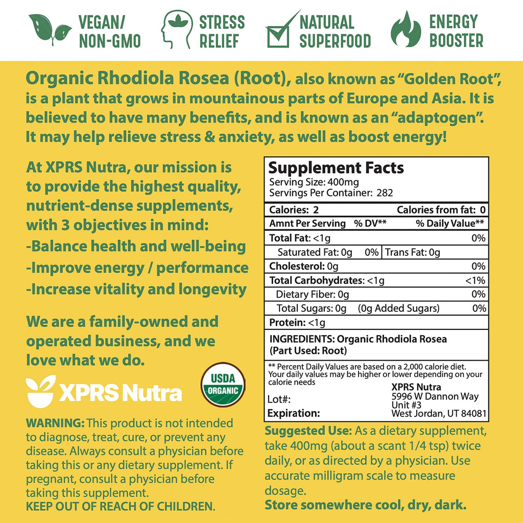 XPRS Nutra Organic Rhodiola Rosea Powder – Premium USDA Organic (4 oz)