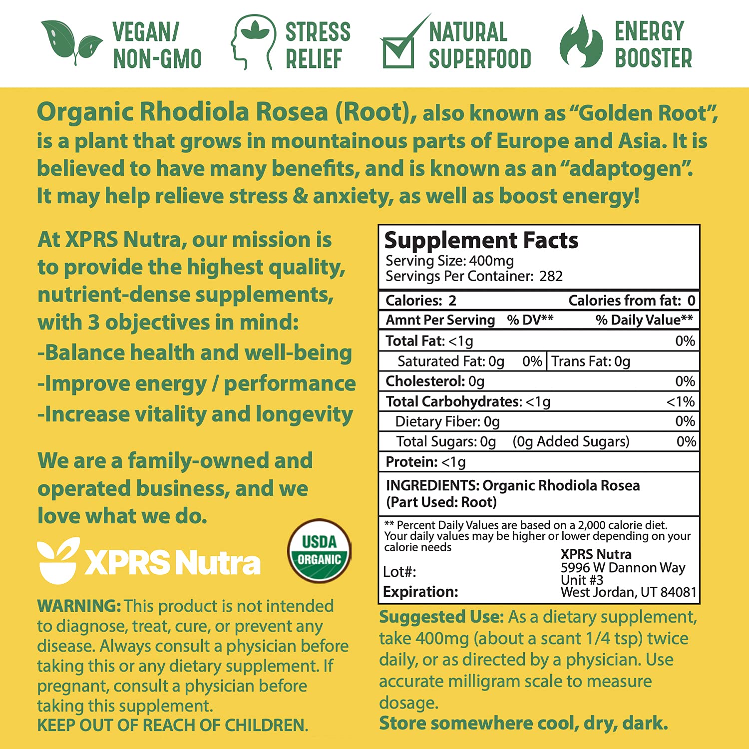 XPRS Nutra Organic Rhodiola Rosea Powder – Premium USDA Organic (4 oz)