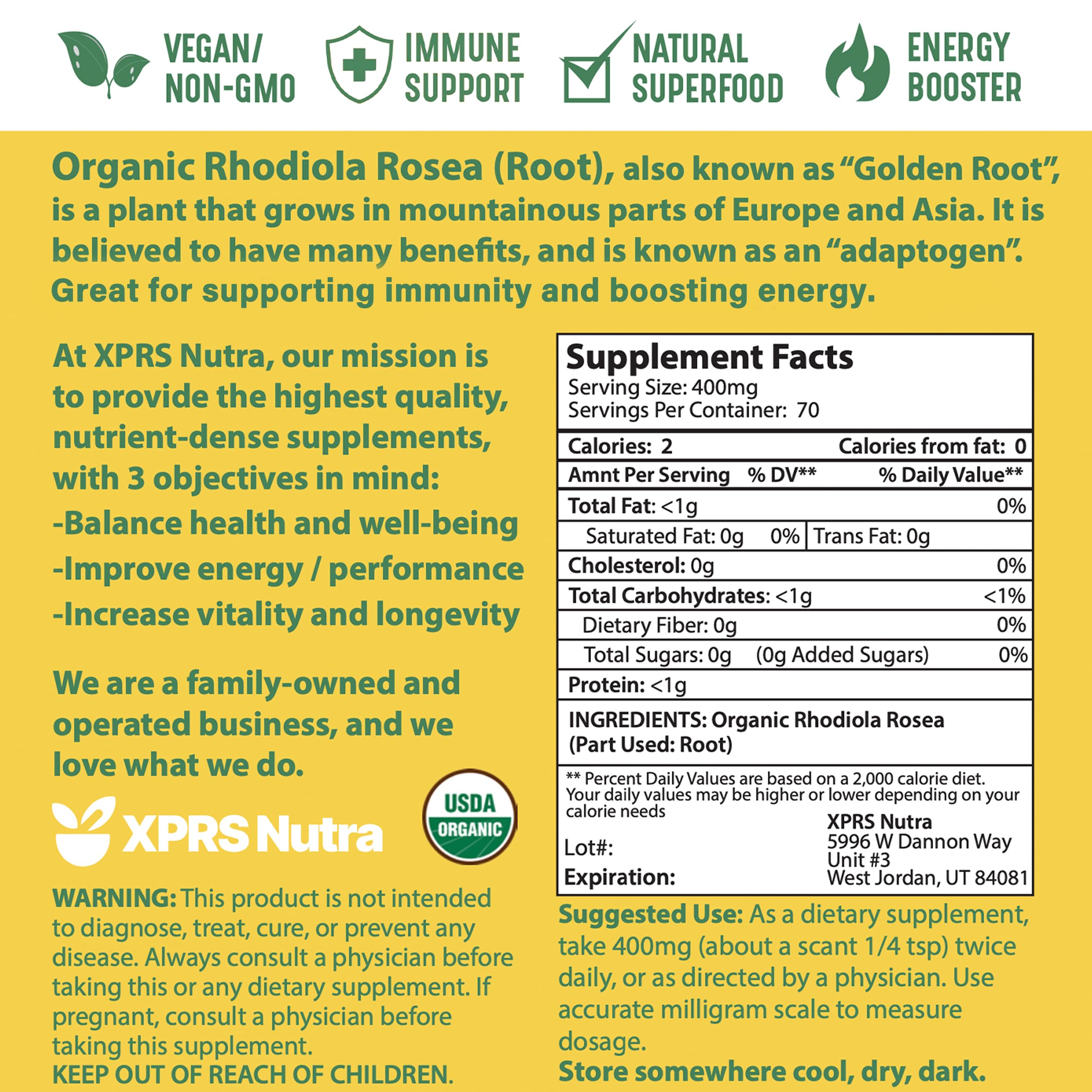 XPRS Nutra Organic Rhodiola Rosea Powder – USDA Organic, Vegan, Cognition & Energy (1 oz)