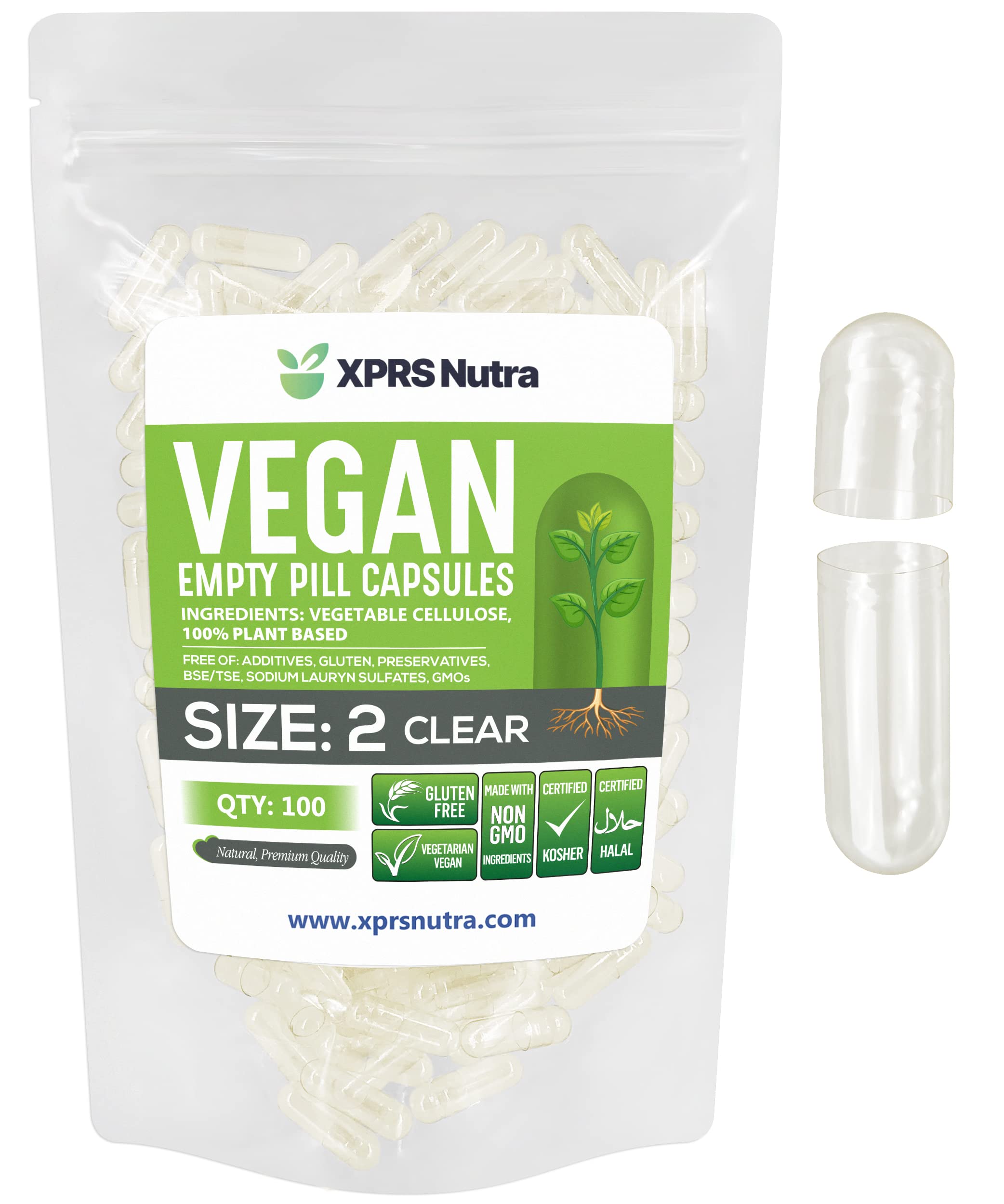 XPRS Nutra Size 2 Empty Capsules – 100 Clear Vegan Capsules for DIY Capsule Filling