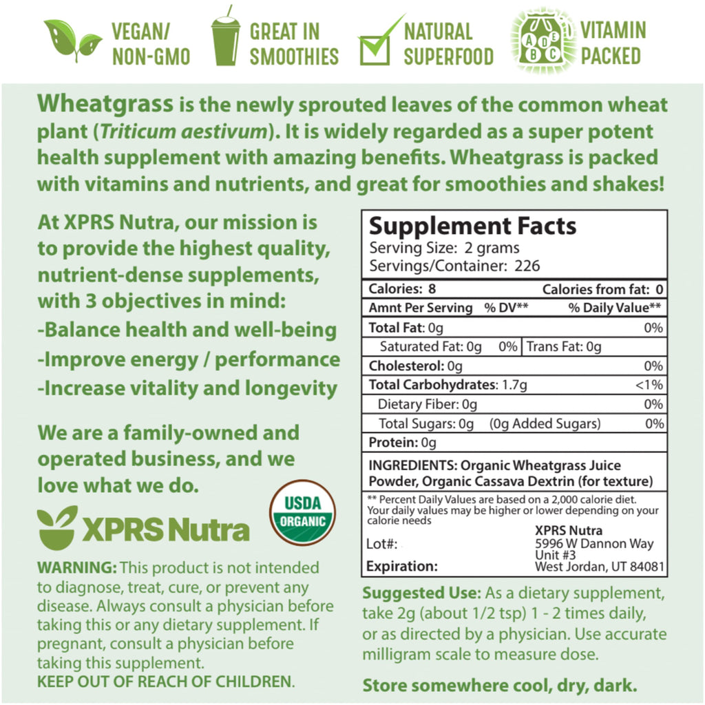 XPRS Nutra Organic Wheatgrass Juice Powder – Sustainably Grown – 16 oz