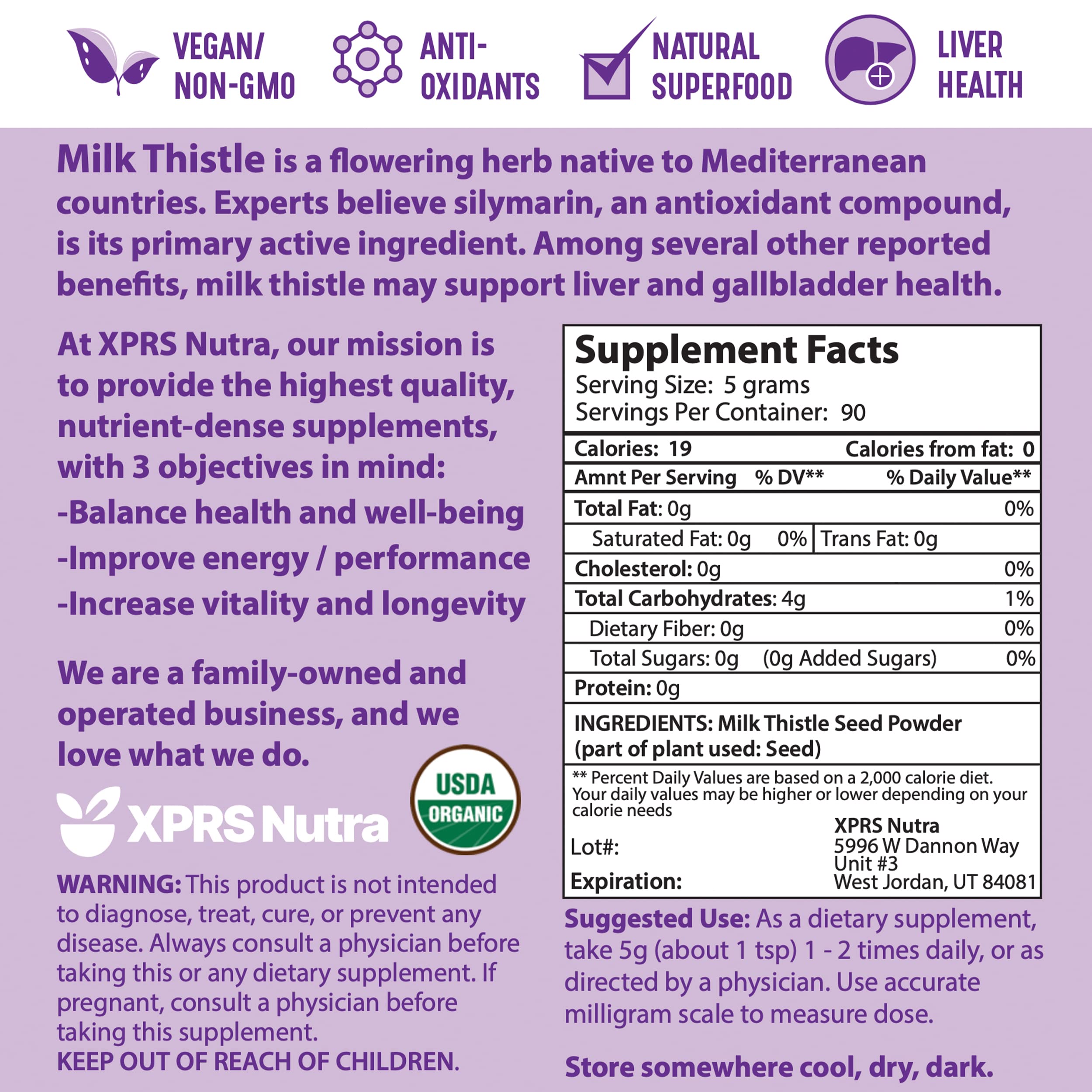 XPRS Nutra Organic Milk Thistle Seed Powder 16oz – Silymarin & Antioxidants