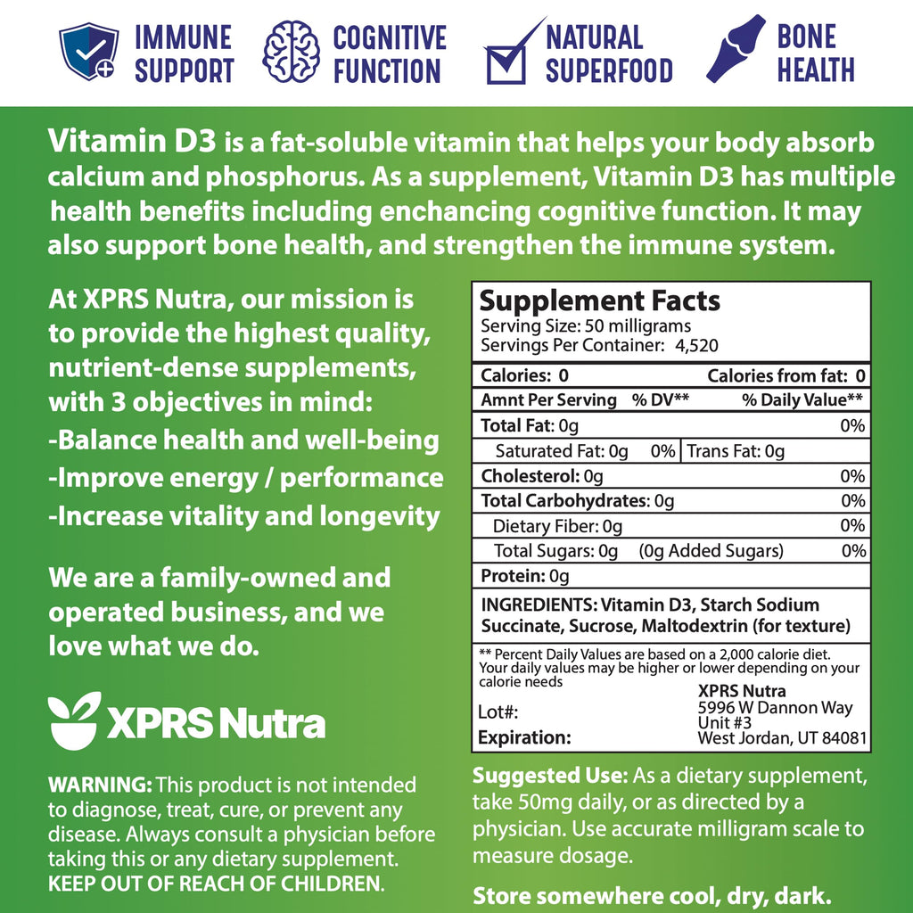 XPRS Nutra Vitamin D3 Powder (Cholecalciferol) - Unflavored D3 Powder - 8oz
