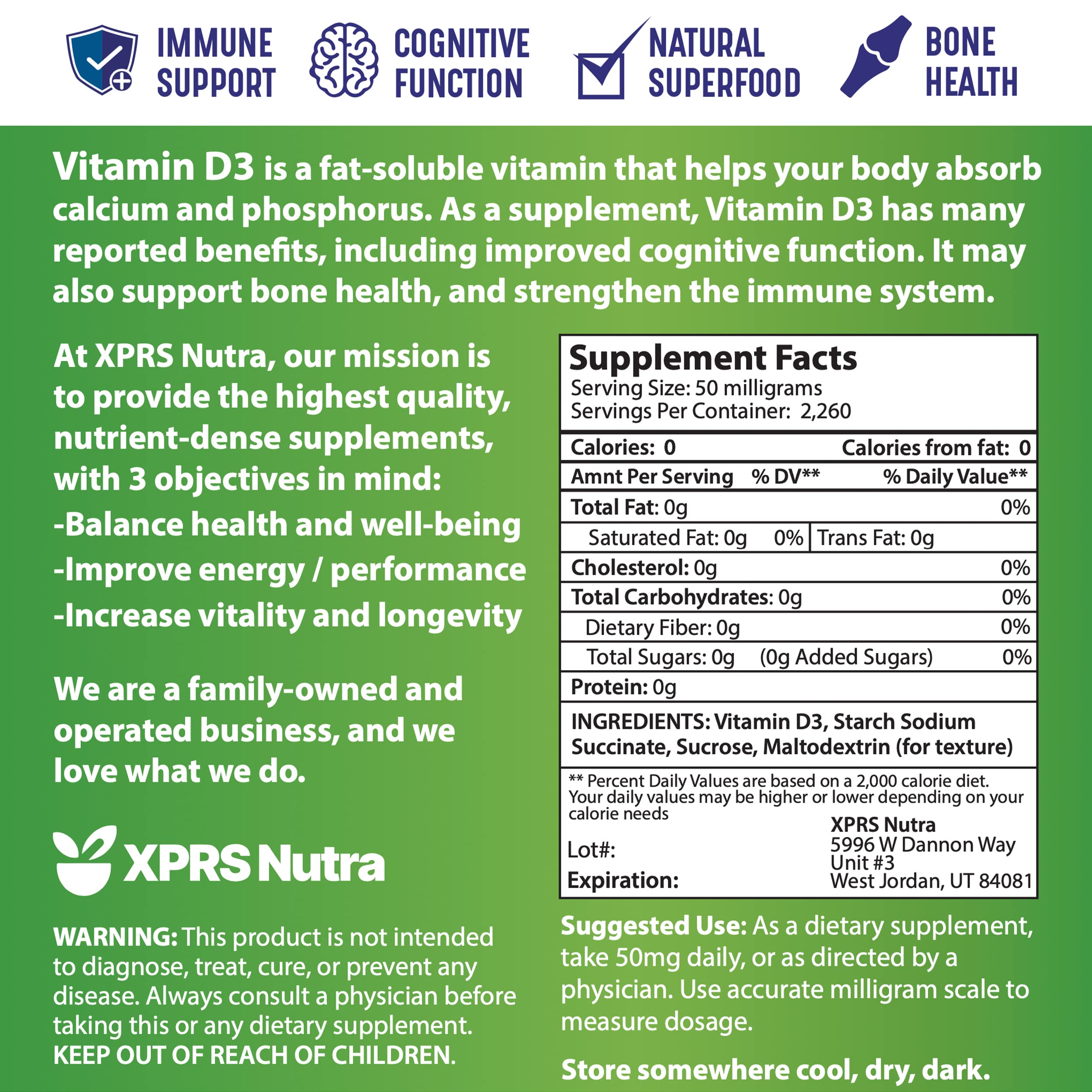 XPRS Nutra Vitamin D3 Powder (Cholecalciferol) - Unflavored D3 for Bones & Immunity - Vitamin D Powder Supplements (4 Ounce)